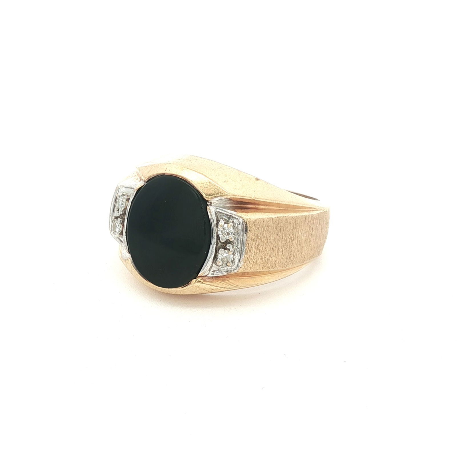 14K Yellow Gold, Diamond and Onyx Ring: Crafted from 14K yellow gold, this ring features a central oval black onyx stone top. Three small diamonds on each side are held by a brushed finish gold band. Marked 14K with hallmark stamps. Dimensi