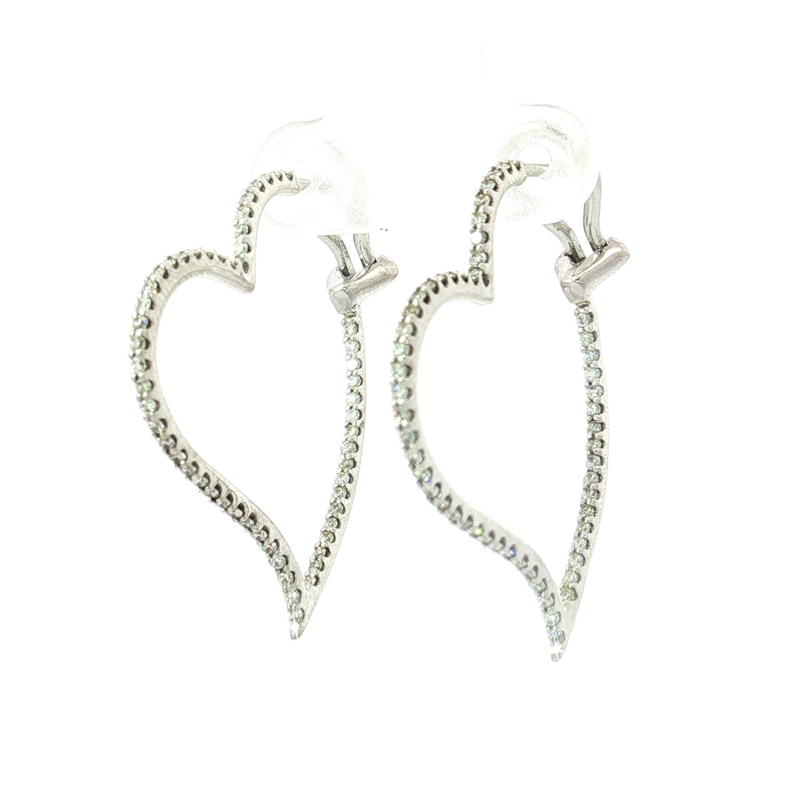 Pair of Estate 18K White Gold and Diamond Heart Shaped Hoop Earrings: These heart-shaped hoop earrings are crafted in 18K white gold. The earrings feature an elongated, stylized heart design with numerous round-cut diamonds pave-set along the front-facing profile, total