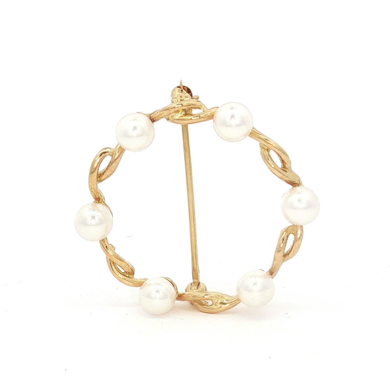18K Gold and Pearl Circle Brooch: A yellow gold circular brooch featuring a twisted design with pearls evenly spaced along it. The reverse is marked 18K and the letter M. Dimensions1.25" dia. Weight4.4g