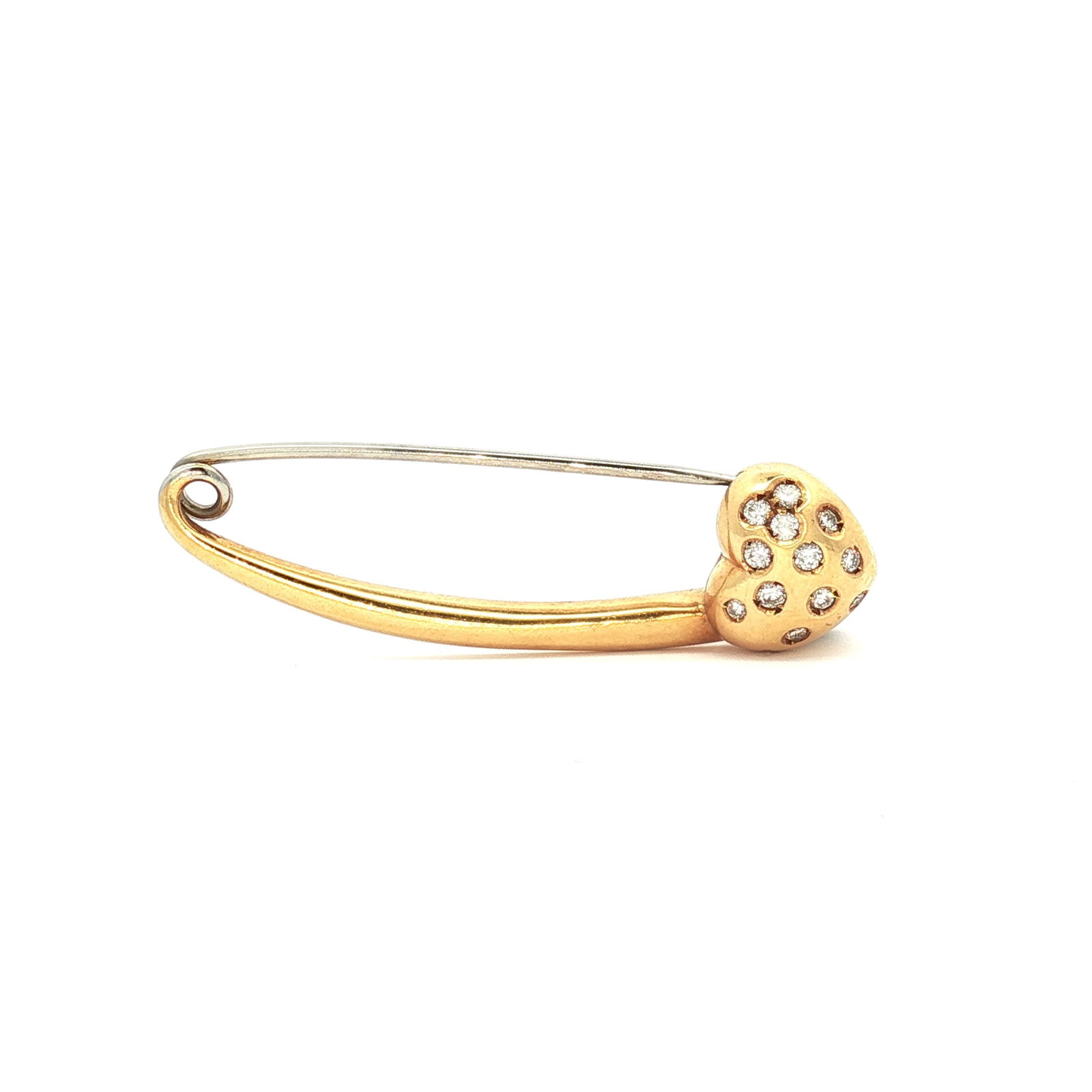 Aaron Basha 18K Gold and Diamond Heart Safety Pin Brooch: A brooch crafted in 18K gold, designed as a safety pin with a heart at one end set with round diamonds. The reverse is marked AB, 750, and 1248A. Dimensions1.75"L x 0.5"W Manufacturer or BrandAaron Ba