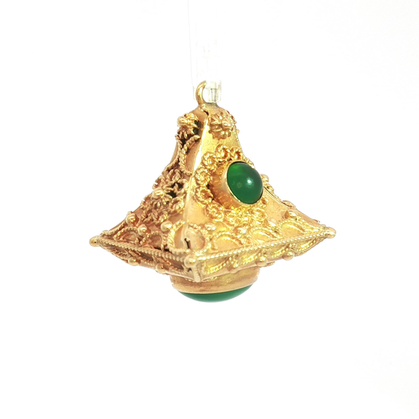 Etruscan Style 18K Gold and Green Cabochon Pendant: A rectangular pendant with curved sides that taper to a point. The bottom showcases an oval green cabochon, accented by two smaller cabochons along the curved edges. The pendant features small circula