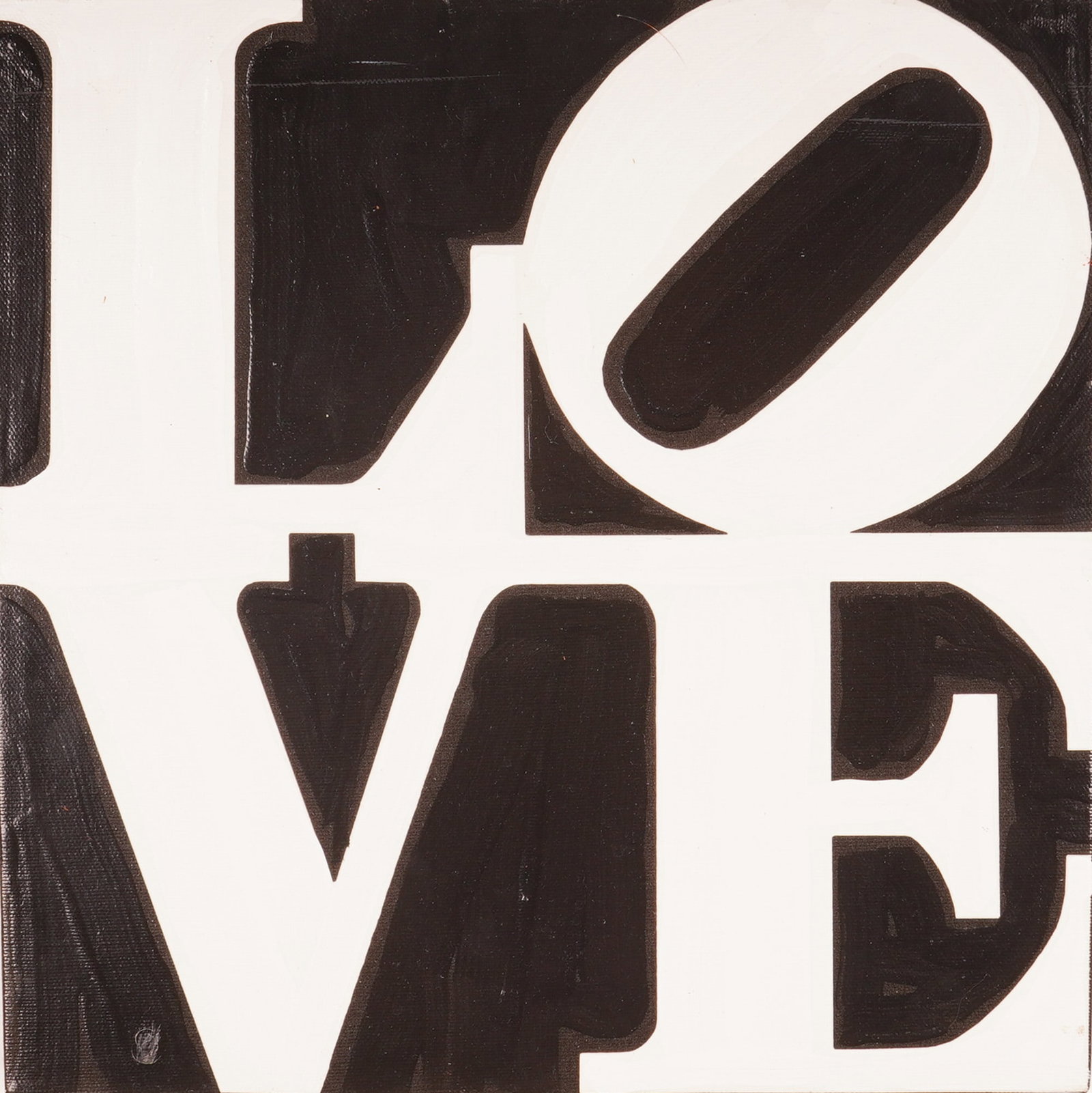 After Robert Indiana (American, 1928-2018) 'LOVE' (Signed): After Robert Indiana (American, 1928-2018). This typographic painting on gallery-wrapped canvas depicts the iconic LOVE motif in a two-by-two grid with the characteristic tilted O, rendered in a monoc