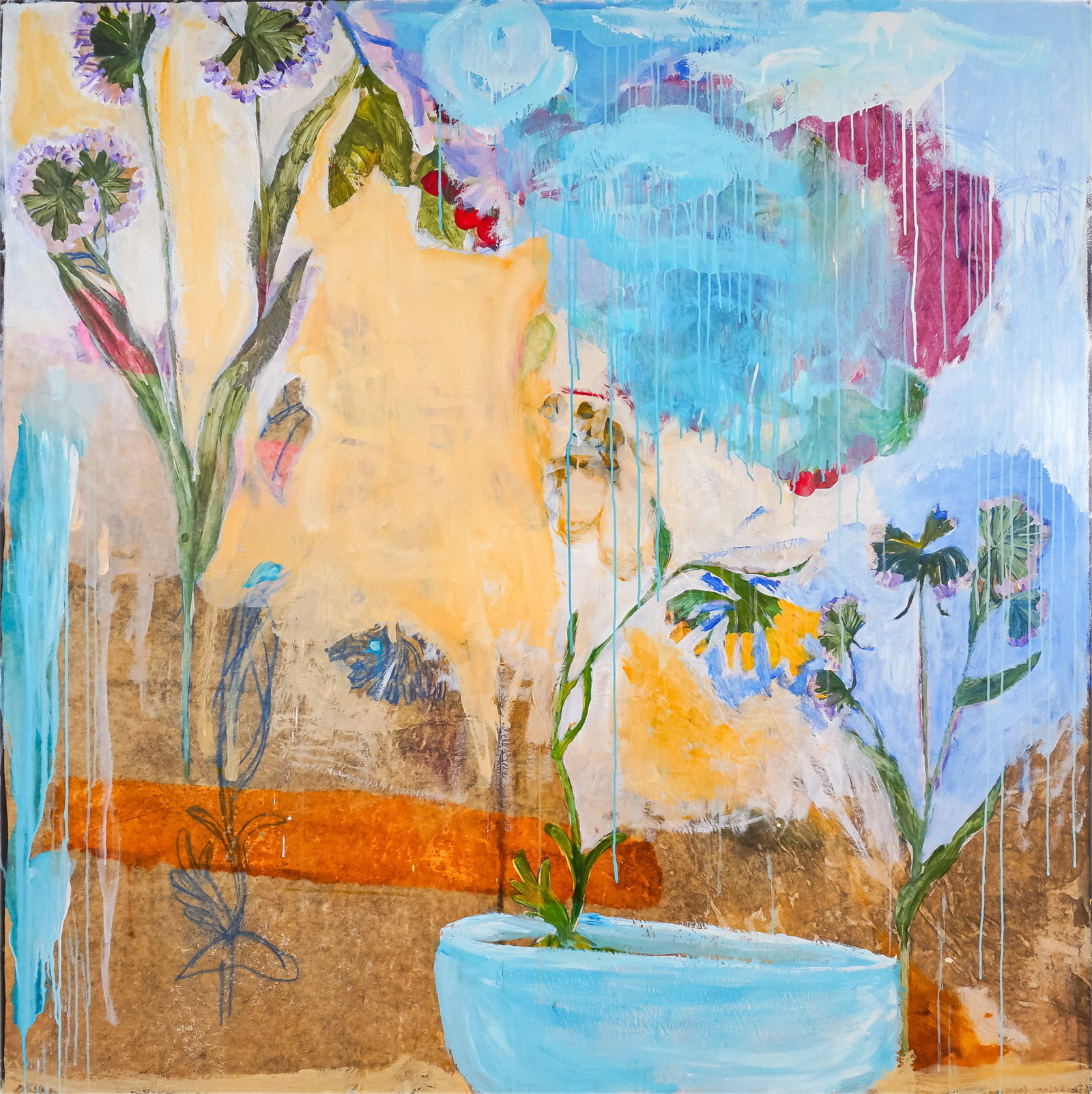 Roberto Juarez (American b. 1952) Mixed Media on Burlap, Maximilian's Tent: A vibrant and expressive large-scale mixed media painting by Roberto Juarez, titled Maximilian's Tent, created in 1991. Executed in milk paint, charcoal, and gesso on Japanese paper mounted on burlap,