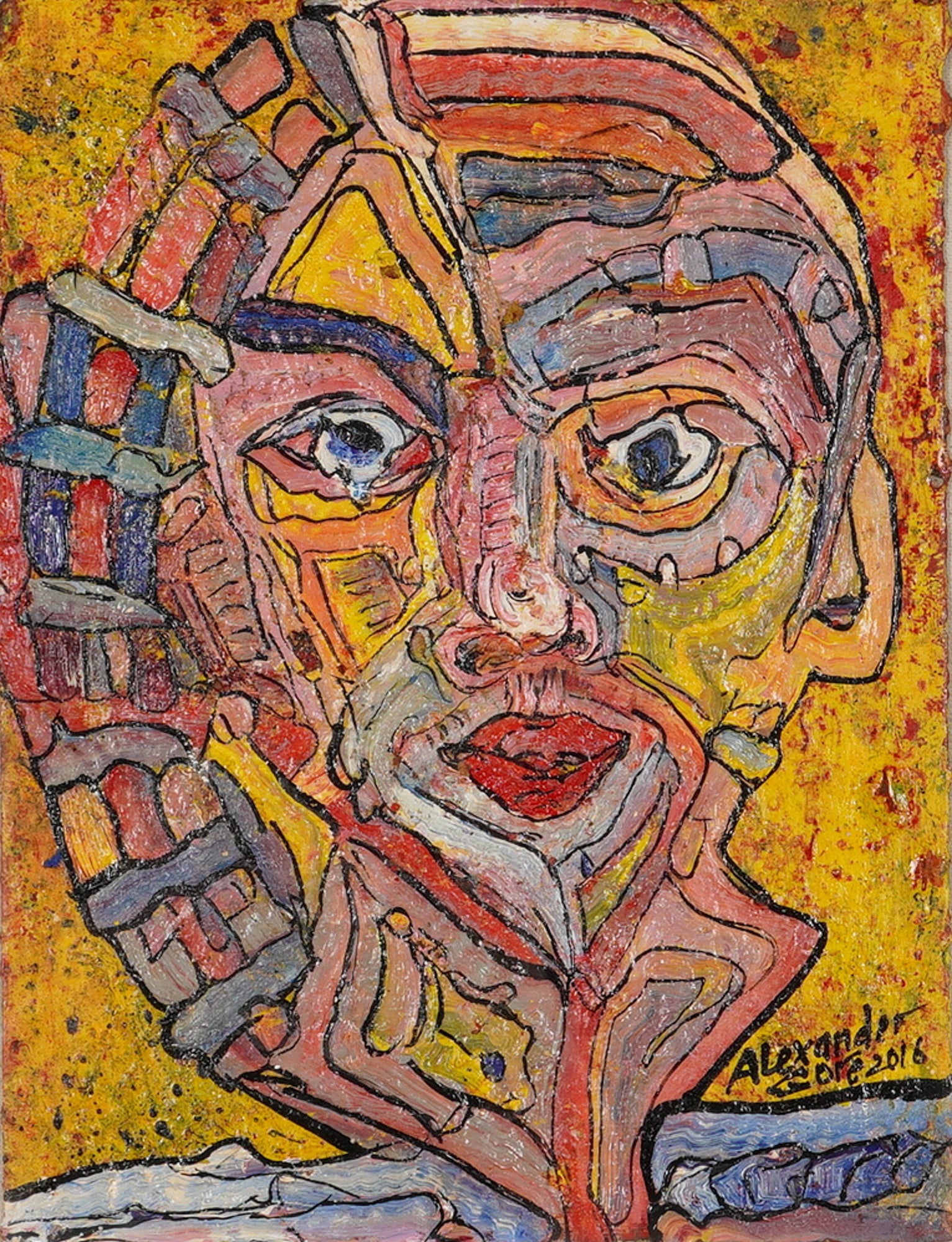 Alexander Gore (Russian-American, 1958) Original Oil Painting on Paper: The Artistic Language of a Panoramic Face. Alexander Gore (Russian-American, b. 1958). This oil painting on paper features a stylized, abstract portrait characterized by heavy impasto, bold black cont