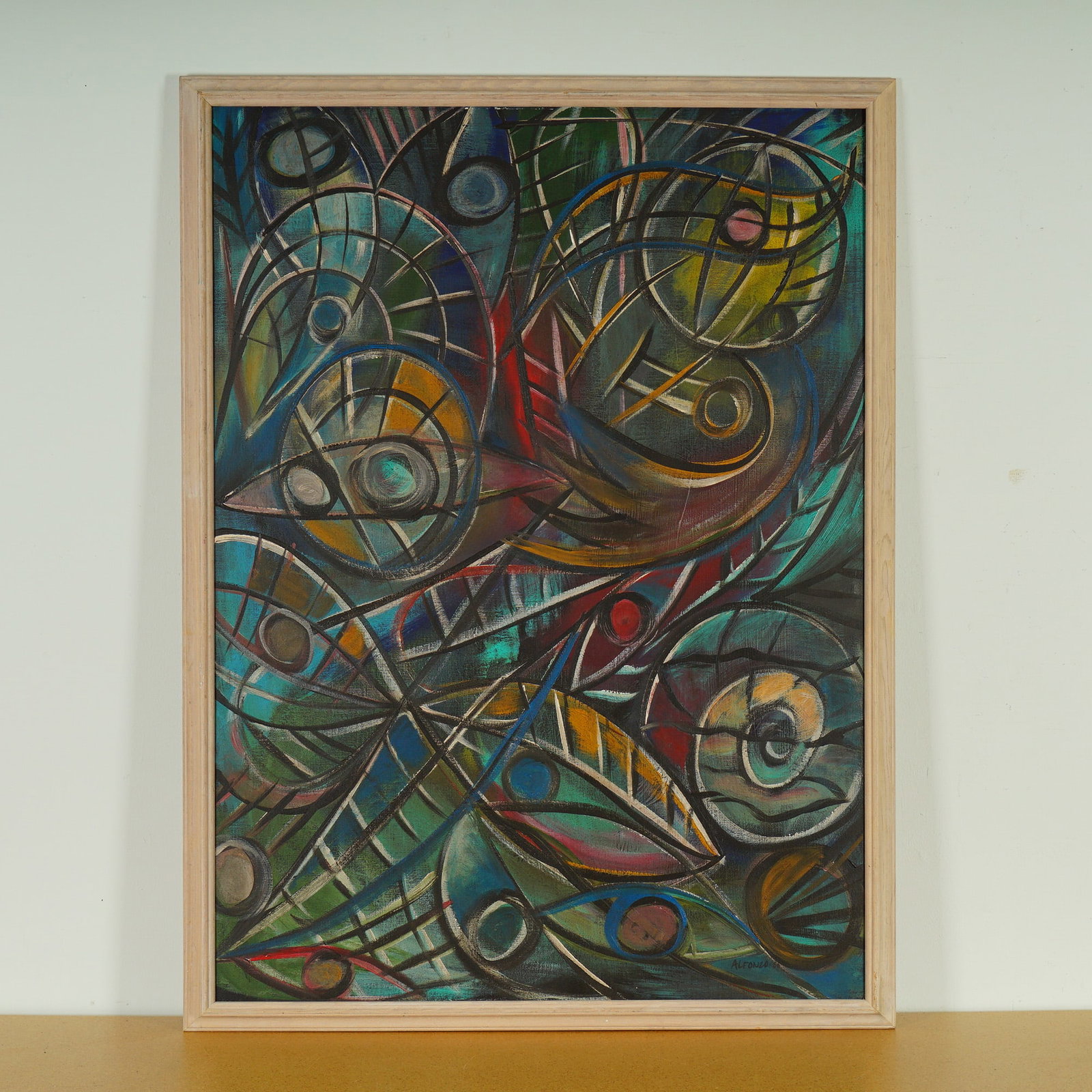 Carlos Alfonzo (Cuban 1950-1991) Original Oil on Canvas Painting, Signed: Vivid and dynamic oil on canvas painting by Cuban artist Carlos Alfonzo. This abstract composition from 1988 exemplifies Alfonzo's mature style, characterized by intersecting geometric forms, fluid li