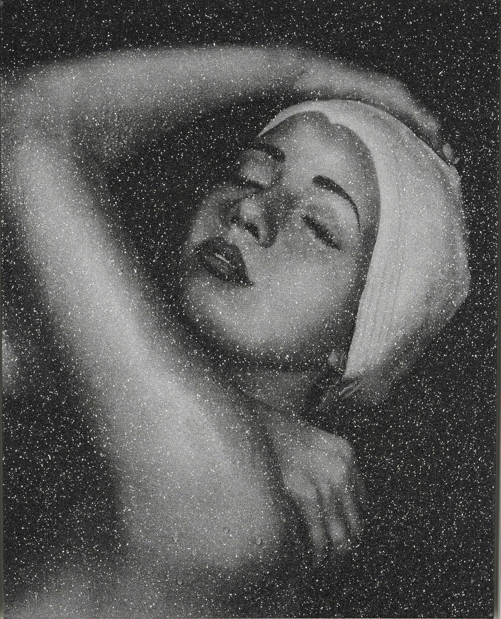 Carole A. Feuerman (Am. b. 1945) Silkscreen Diamond Dust On Canvas, Signed: This monumental shimmering silkscreen on canvas with diamond dust by American Hyper-Realist artist Carole A. Feuerman depicts a female swimmer wearing a swim cap with her arm raised. The monochromatic