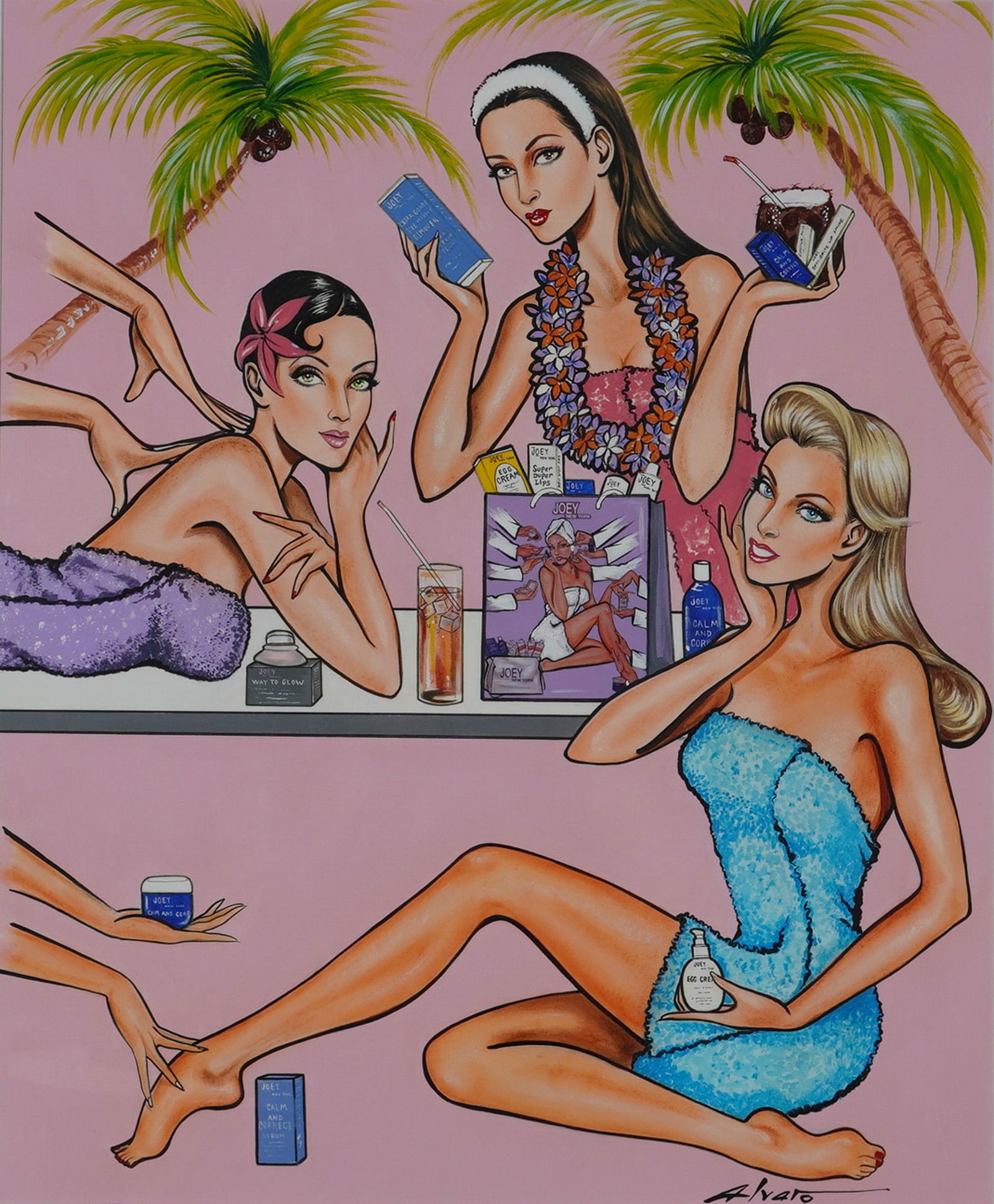 Contemporary Mixed Media Painting Joey New York Branding Signed Alvaro: This contemporary work is executed in mixed media on board and features an illustrative fashion-forward composition. The scene depicts three stylized women in a tropical spa or beach environment, set