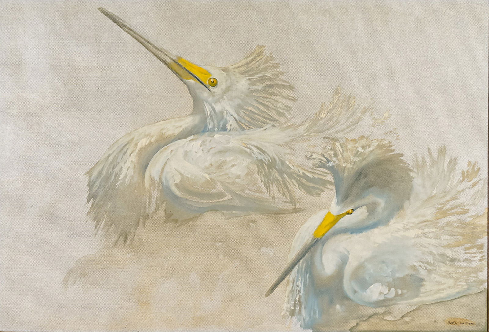 Earl LaPan (American, 1908-1996) Oil on Canvas, Egrets, Signed: A captivating oil painting on canvas by Earl LaPan depicting two elegant white egrets in tranquil repose. The composition radiates a serene atmosphere through LaPan's masterful use of soft neutral ton