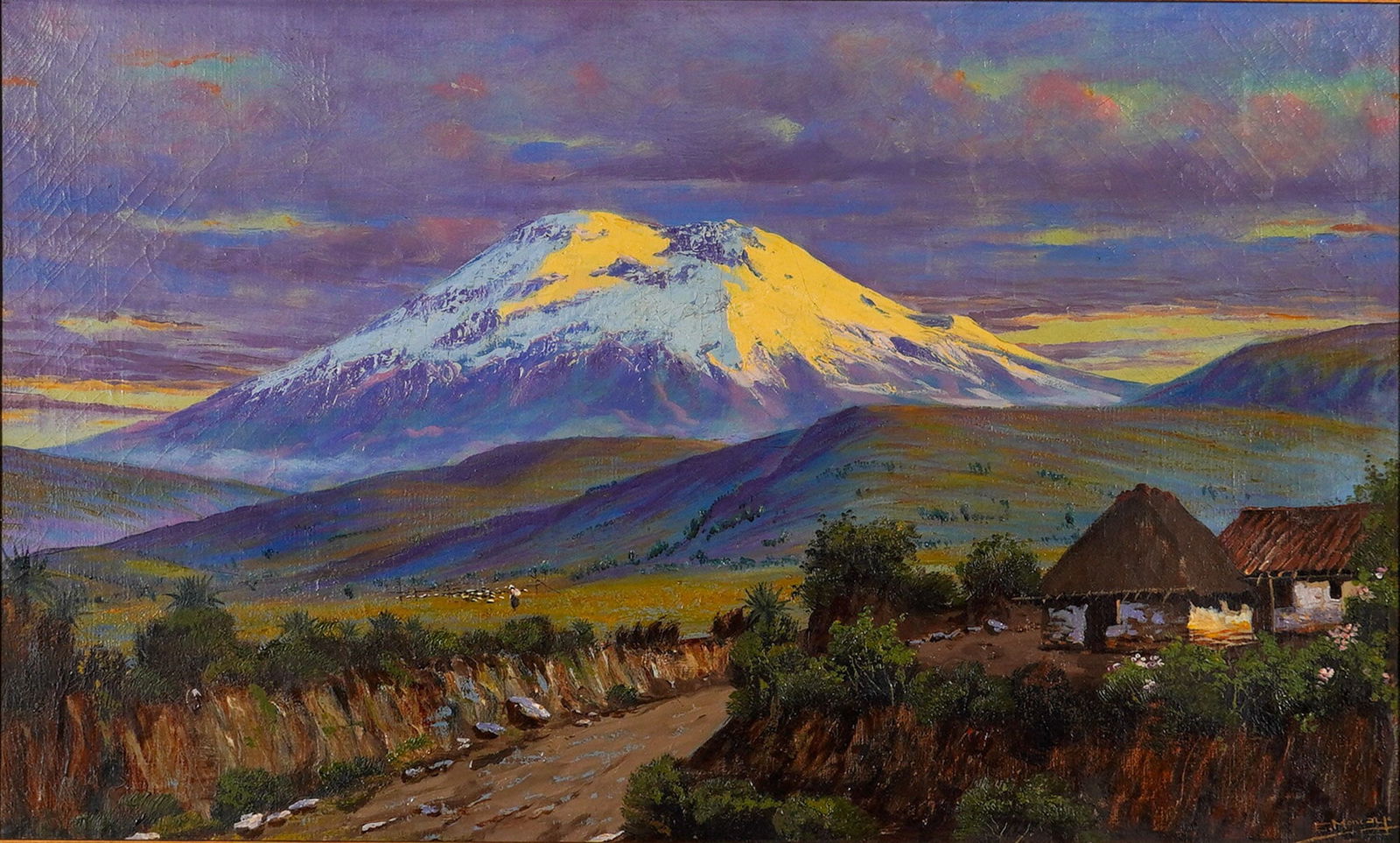 Emilio Moncayo (Ecuadorian, 1895-1970) Mountain Landscape Oil on Canvas: An oil on canvas mountain landscape by Emilio Moncayo depicting an Andean vista featuring the snow-capped peak of Mount Chimborazo illuminated by the light of a setting or rising sun. The composition