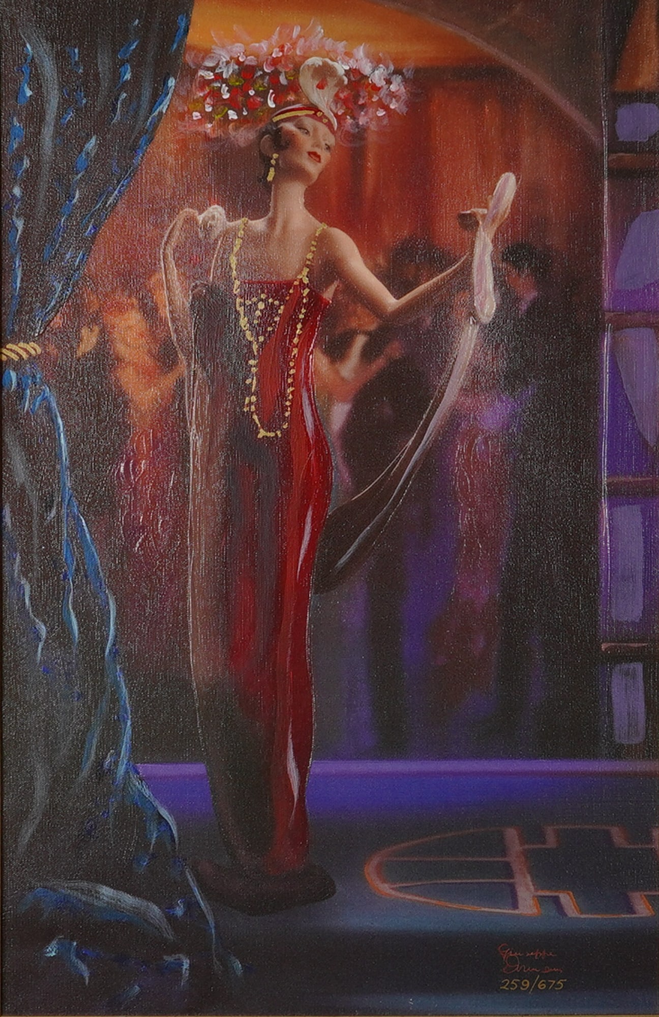 Giuseppe Armani, 'Lady with Mirror', Giclée on Canvas, 259/675: This work by Italian artist Giuseppe Armani (1935–2006) is titled Lady with Mirror. It is a decorative giclée print on canvas, capturing a glamorous Art Deco-style woman wearing a vibrant red gown