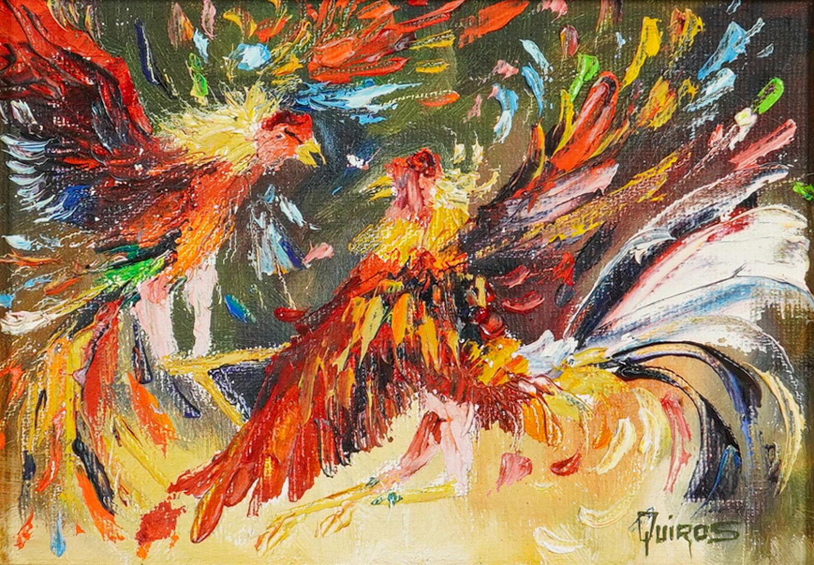 Lesver de Quiros (Cuban, 1928-1997) Oil on Canvas, Cock Fight, Signed: This original oil on canvas by Lesver de Quiros (Cuban, 1928-1997) depicts two roosters in a dynamic cock fight. The work is rendered in a vibrant expressionist style associated with the Vanguardia mo