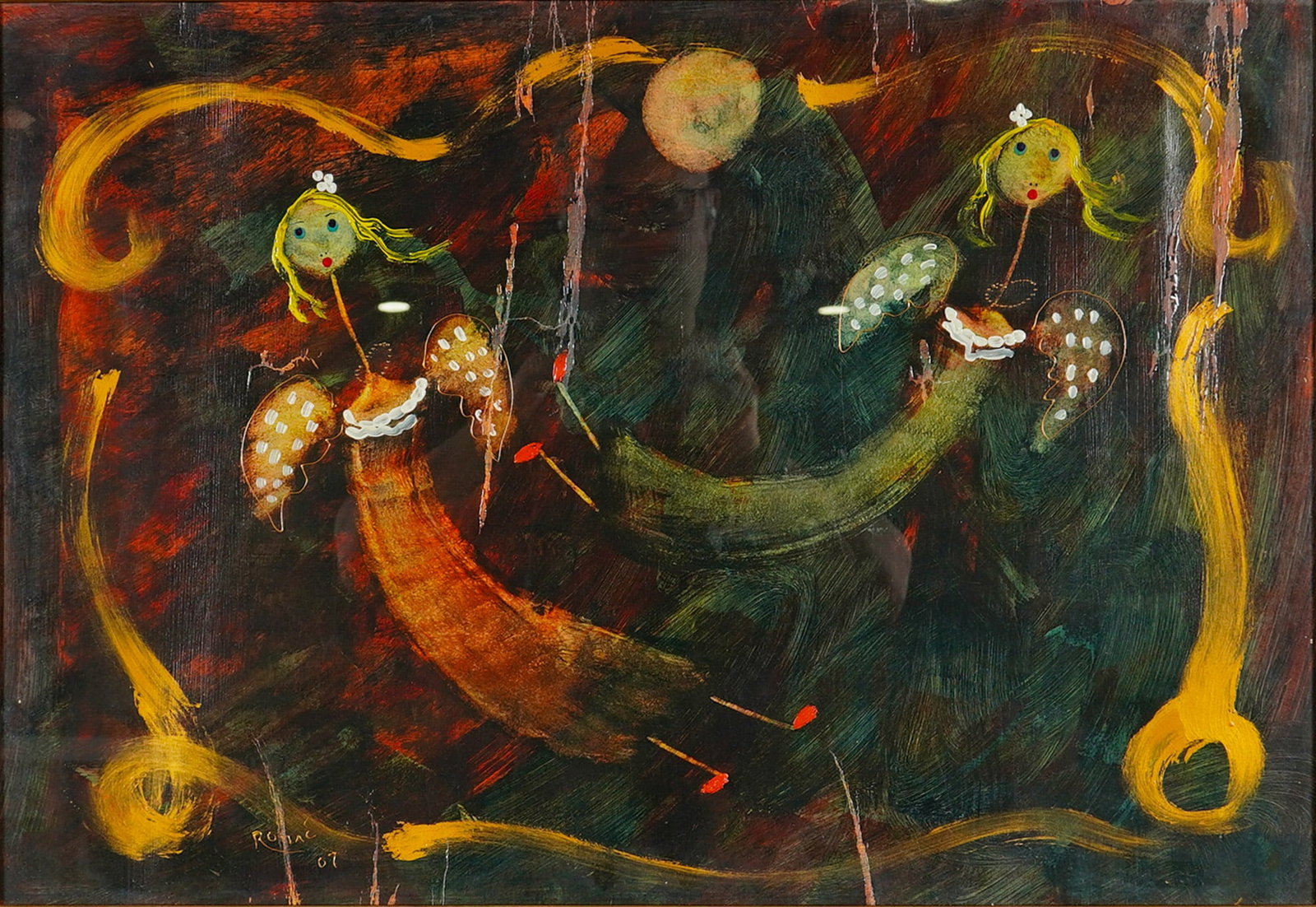 Mid-Century Naive Style Painting Signed Rovac and Dated 1967: This mid-century painting, dated 1967, is executed in a whimsical, naive style. The composition depicts several angelic female figures characterized by elongated necks and patterned wings. The figures