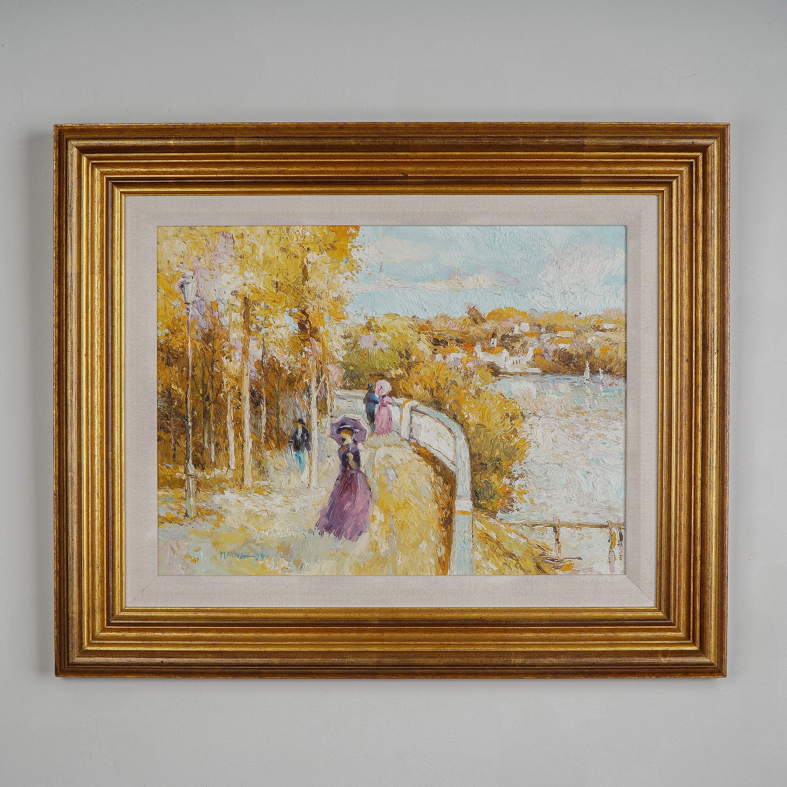 Omar Hamdi Malva, Original Impressionist Oil on Canvas, Signed: A radiant and romantic oil on canvas by Omar Hamdi, known professionally as Malva, depicting an elegant riverside promenade awash in the golden light of autumn. Painted in 1979, the work is rendered i