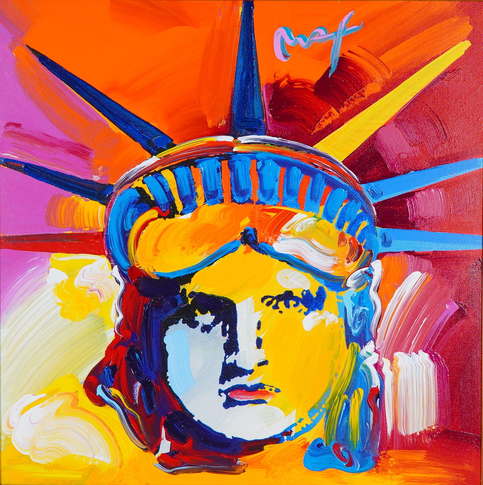 Peter Max (American b.1937) Large Acrylic on Canvas, Liberty Head, Signed: Vibrant and iconic, this acrylic on canvas by celebrated pop artist Peter Max depicts the Statue of Liberty's head (version I) in his signature expressive style. Bursting with bold hues of orange, blu