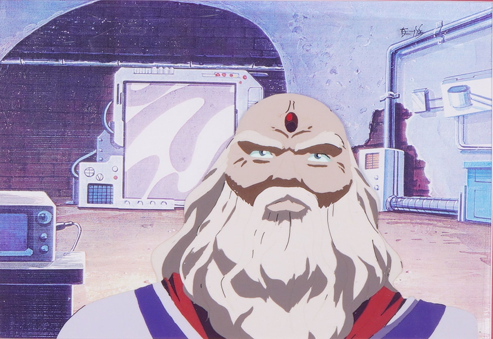 Japanese School, 20th Century, Portrait of an Elderly Male Character: Japanese School, 20th Century. This original production animation cel features a portrait of an elderly, bearded male character with a distinctive red gem-like mark on his forehead. The character is s