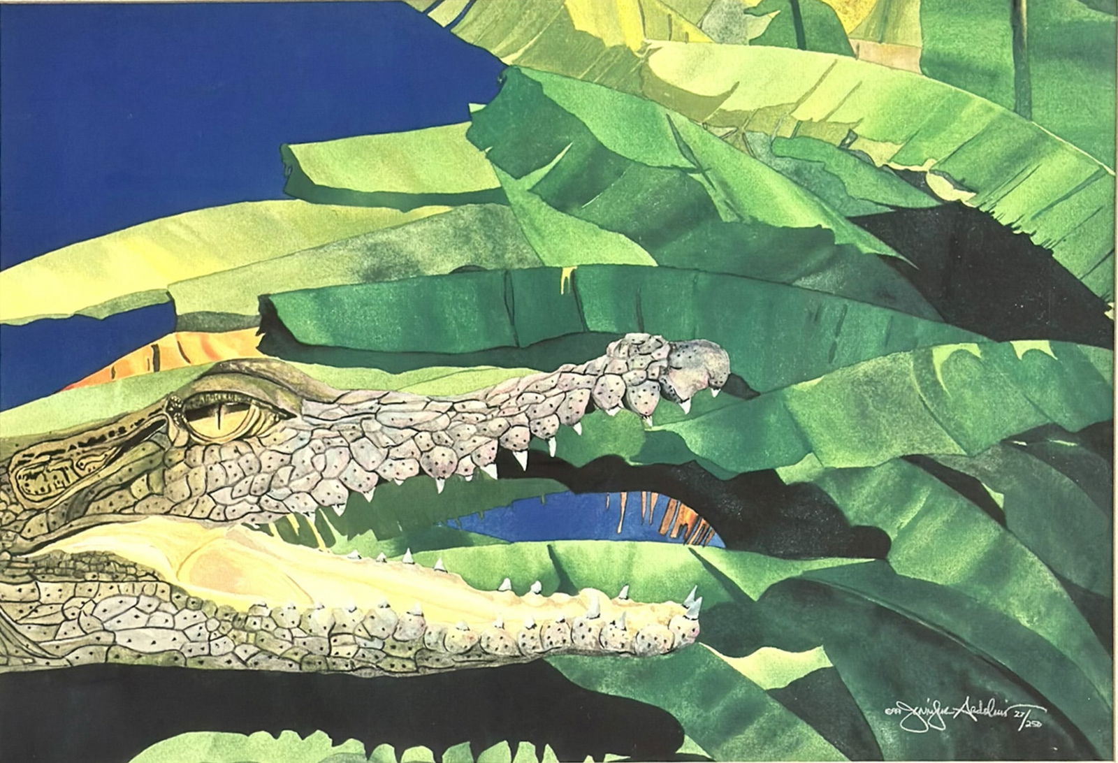 Jennifer Ardolino (American, b. 1961), 'Bull Gator', (Signed): Jennifer Ardolino (American, b. 1961). A limited edition lithograph on textured art paper, numbered 27/250. This realist work, after an original watercolor, features a detailed close-up study of a cro