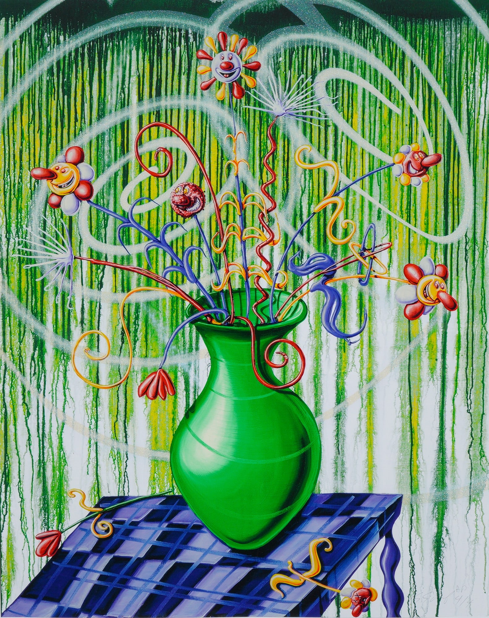 Kenny Scharf (American, b. 1958), Silkscreen on Paper, Signed & Numbered: Created by American artist Kenny Scharf in 2020, this archival pigment ink silkscreen on paper with high gloss varnish, titled Big Flores Green, is a vibrant example of his signature Pop Surrealism st