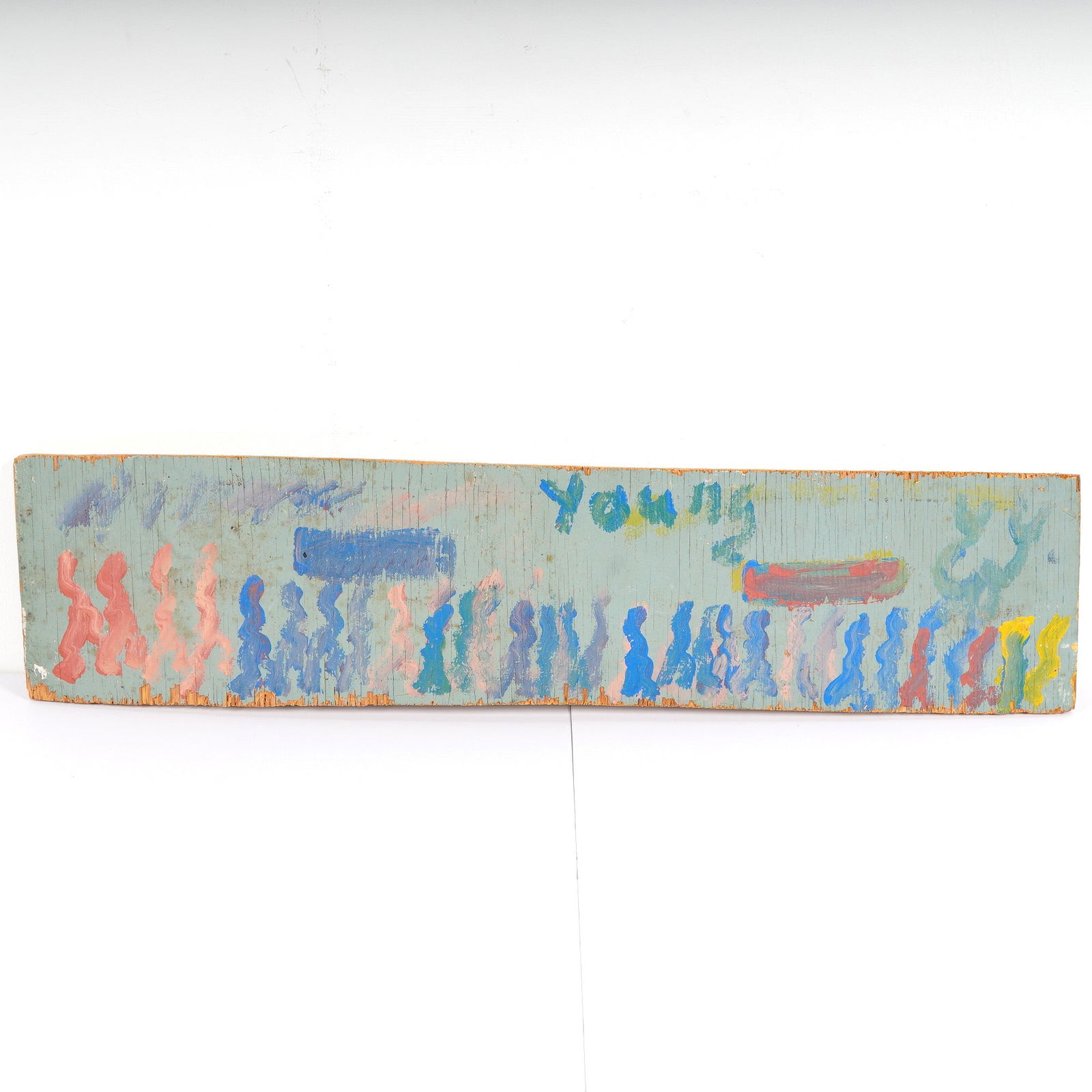 Purvis Young (American, 1943-2010), Abstract Composition, Signed: Purvis Young (American, 1943-2010). This horizontal painted wooden board with acrylic paint on top is a characteristic example of the artist's outsider art aesthetic. The composition features a series