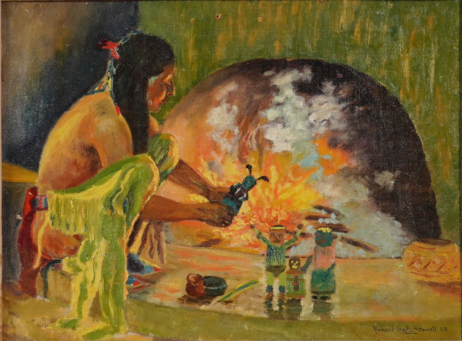 Richard Heath Stowell, Oil on Board, Native American Scene, Signed: An oil on canvas board by artist Richard Heath Stowell depicting a Native American scene, dated 1928. The composition features an Indigenous figure seated before an open fire, engaged in the creation