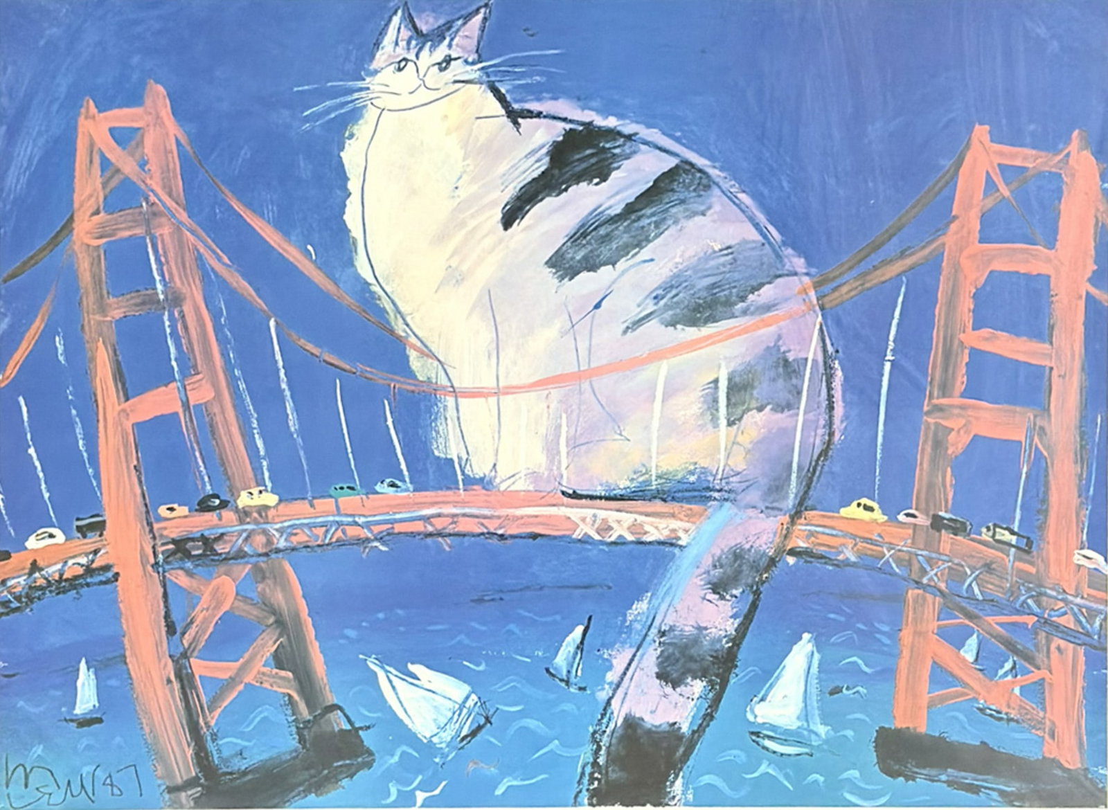Michael Leu (Taiwanese-American, b. 1950) "Fuzzy on G.G. Bridge" Color Lithograph (Signed): Michael Leu (Taiwanese-American, b. 1950). A whimsical color lithograph on paper titled "Fuzzy on G.G. Bridge," depicting a giant, stylized cat perched atop the Golden Gate Bridge. The scene features
