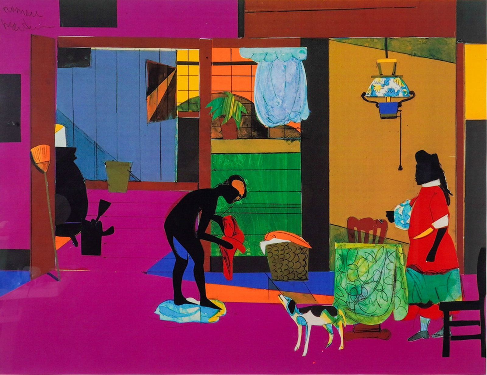 Romare Bearden (American 1911-1988) Large Lithograph on Paper, Signed: This limited edition lithograph on paper by artist Romare Bearden is titled Mecklenburg Morning: Sunrise for China Lamp, and dated 1993. It presents a layered, collage-like vision of morning in the ru