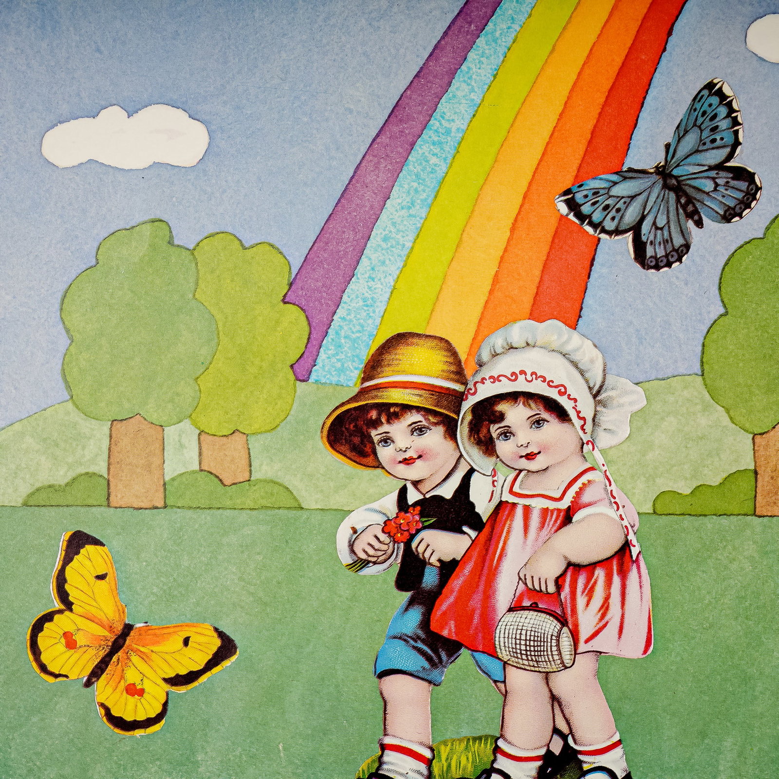 Thom Klika (The Rainbow Man), Color Lithograph on Paper, Signed: Charming and nostalgic lithograph on paper by Thom Klika, known as The Rainbow Man. This piece features two children in vintage attire standing beneath a vivid rainbow, surrounded by butterflies and b