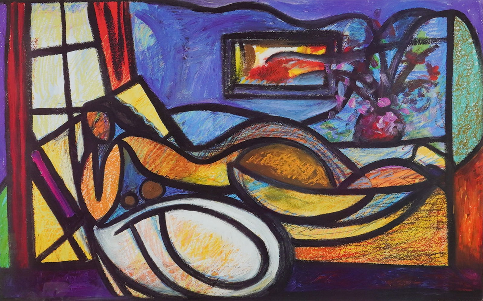 William Tolliver (American 1951-2000) Lithograph on Paper, Signed & Dated: This large format lithograph on paper titled Nude in Solitude by artist William Tolliver depicts an abstracted reclining figure within a vibrant interior setting. The composition is executed in a cubi