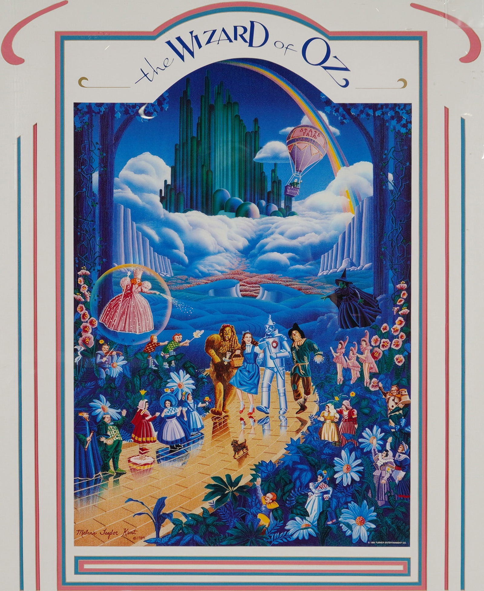 Melanie Taylor Kent, Offset Serigraph, The Wizard of Oz 50th Anniversary: This offset lithograph by artist Melanie Taylor Kent commemorates the 50th anniversary of the 1939 film The Wizard of Oz. The composition features a vibrant collage of central characters including Dor