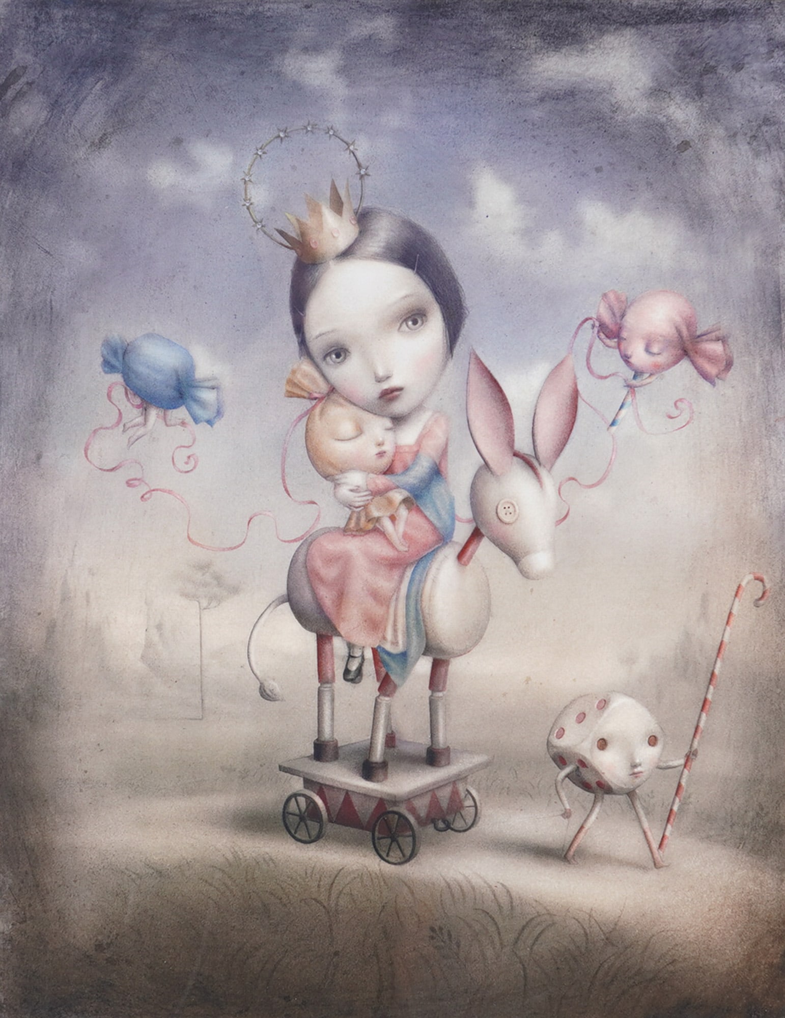 Nicoletta Ceccoli (Italian b.1973) Archival Pigment Ink on Paper, Signed: This limited edition archival pigment ink print on paper titled Agata was made by Italian artist Nicoletta Ceccoli in 2013. It is a surreal portrait of a doll-like girl with large, expressive eyes, in