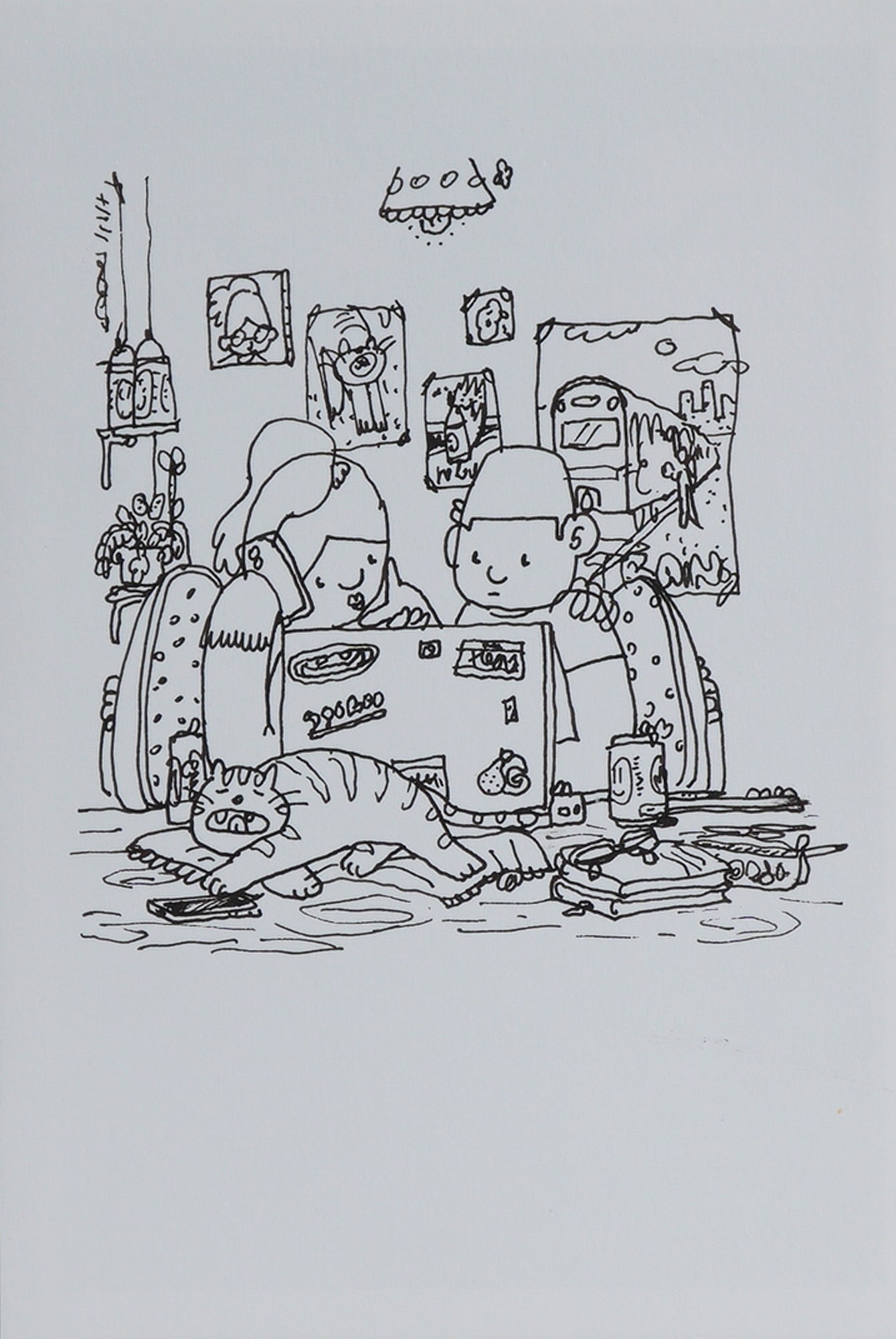 Imon Boy (Spanish, b. 1991), Ink on Paper Drawing, Room Mate, w/ COA: One-of-a-kind ink drawing on white wove paper by renowned graffiti artist Imon Boy. This contemporary drawing, titled Room Mate, depicts a stylized two children in a bedroom seated behind a laptop wit