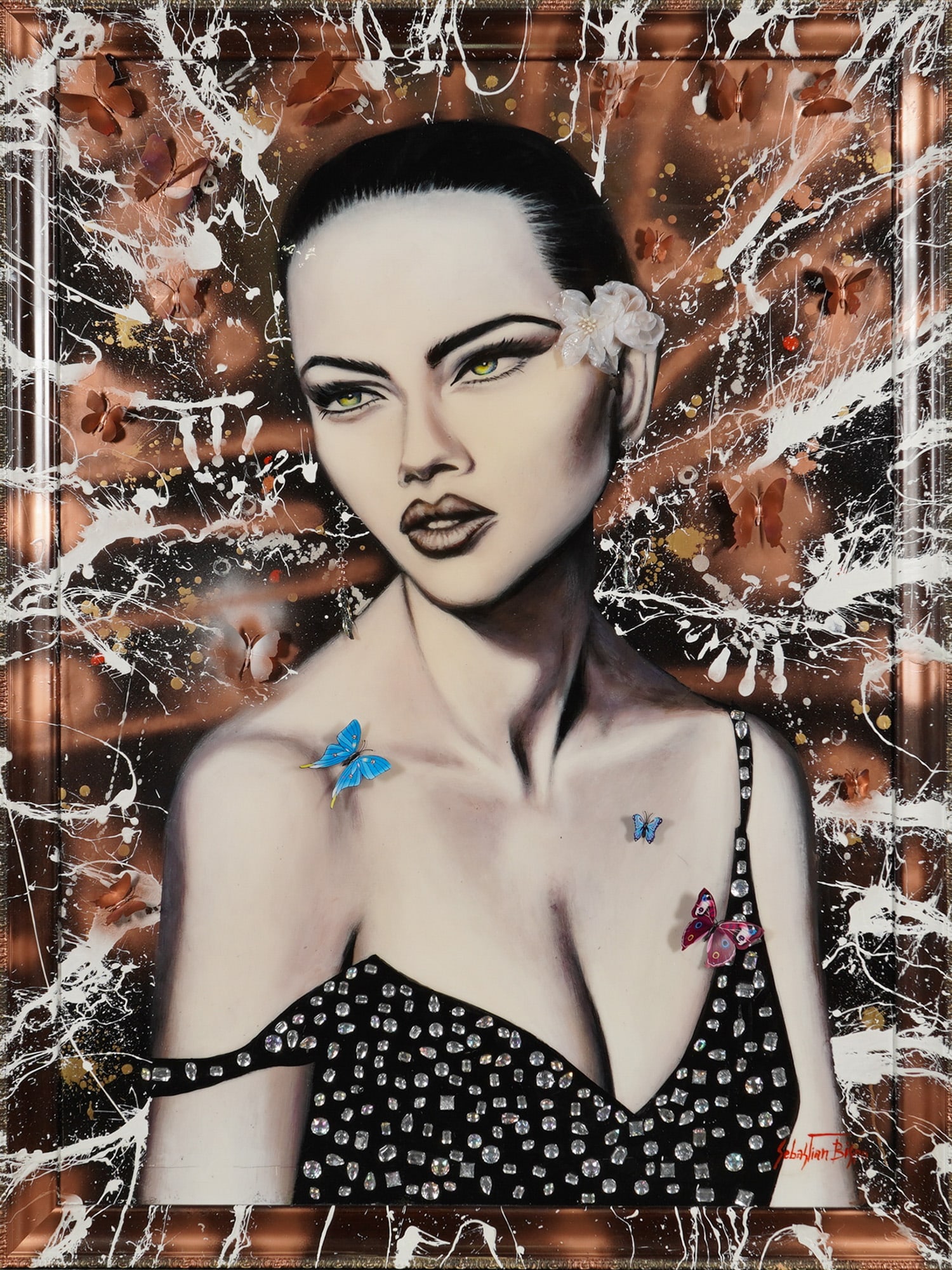 Sebastian Bi... Contemporary Mixed Media Portrait of a Woman: This contemporary mixed-media artwork features a stylized portrait of a woman with dark, slicked-back hair and green-tinged eyes. The subject is depicted wearing a black gown embellished with applied