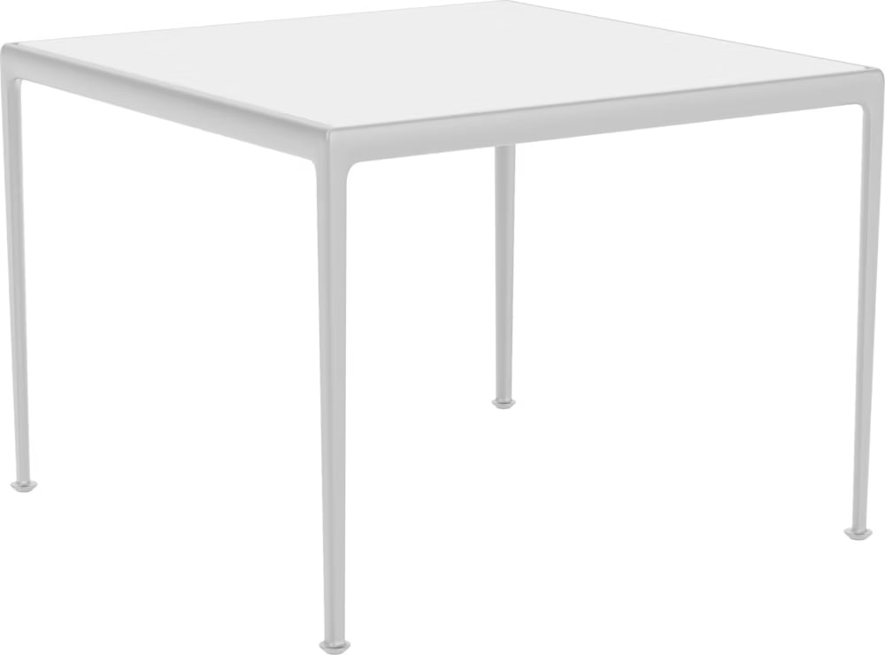 Knoll 1966 Collection Square Dining Table by Richard Schultz: Knoll 1966 Collection square dining table designed by Richard Schultz. The piece features a weatherable silver powder-coated aluminum frame with a white porcelain inset top. The design is characterize