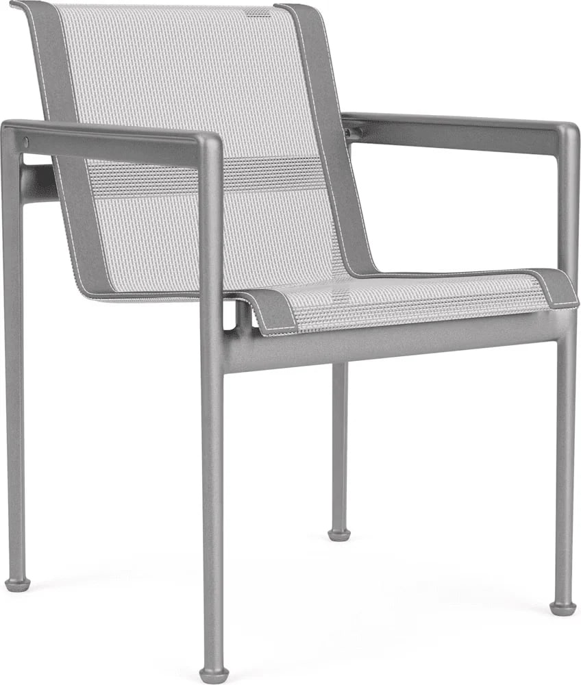 Knoll 1966 Collection Dining Armchair Designed by Richard Schultz: This outdoor dining armchair is part of the 1966 Collection designed by Richard Schultz for Knoll. The chair is constructed with a weatherable silver frame made of powder-coated aluminum. The seat and