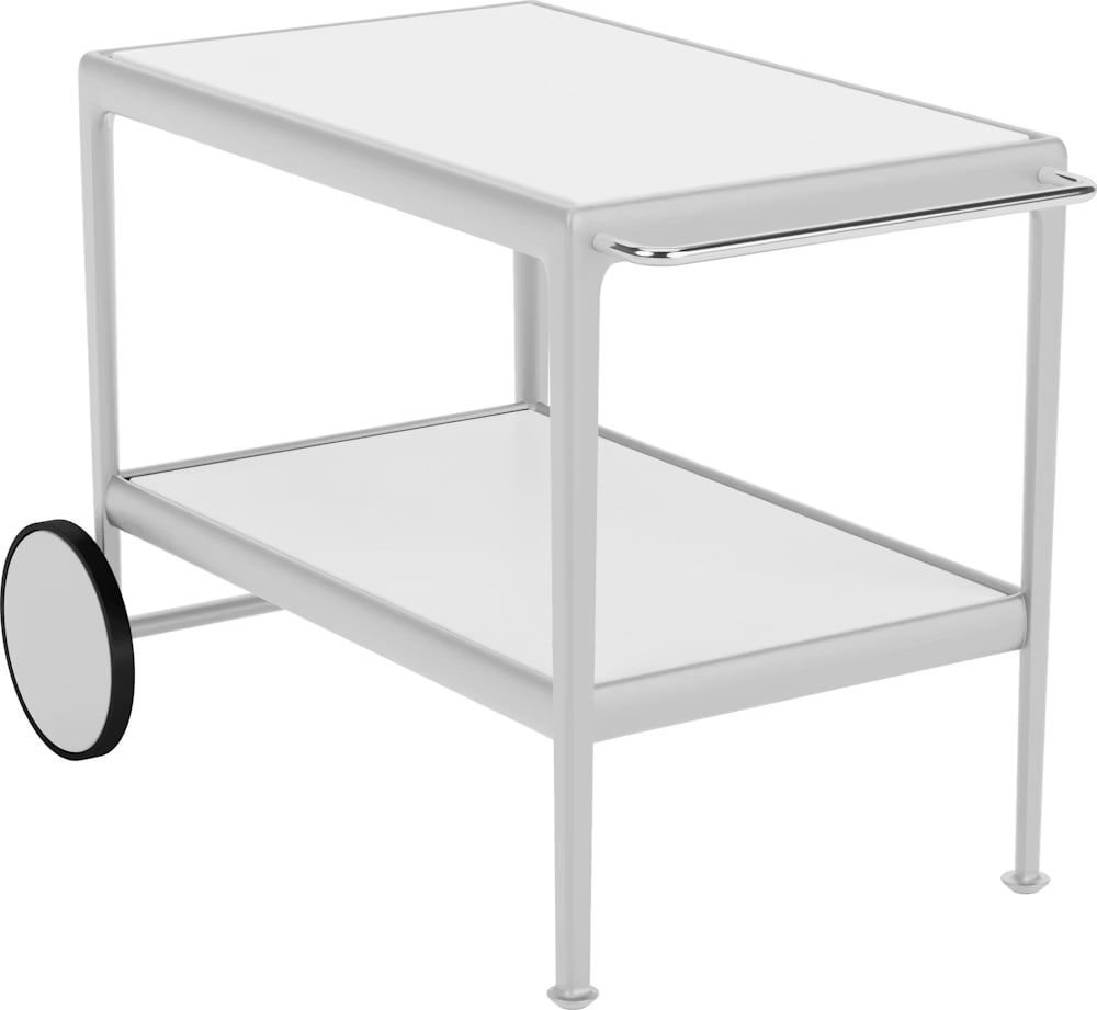 Knoll 1966 Collection Serving Cart by Richard Schultz: A contemporary two-tier serving cart from the 1966 Collection designed by Richard Schultz for Knoll. The cart features a weatherable silver powder-coated aluminum frame supporting two inset rectangula