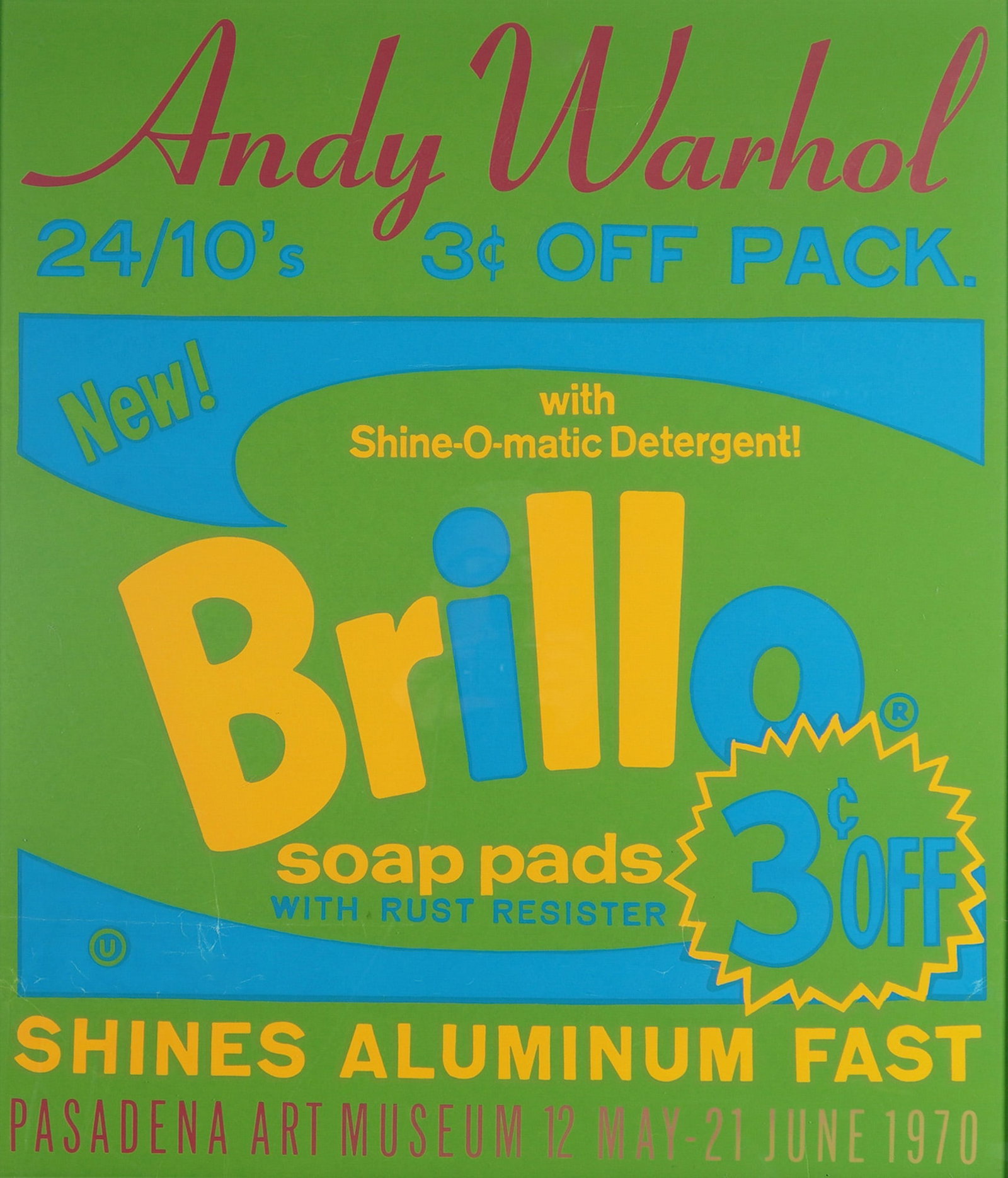 Andy Warhol (Am. 1928-1987) Brillo Exhibition Poster Pasadena Art Museum: This original silkscreen poster created by Andy Warhol is a significant piece of Pop Art history. The screenprint features a variation of Warhol's iconic Brillo carton design, characterized by vibrant