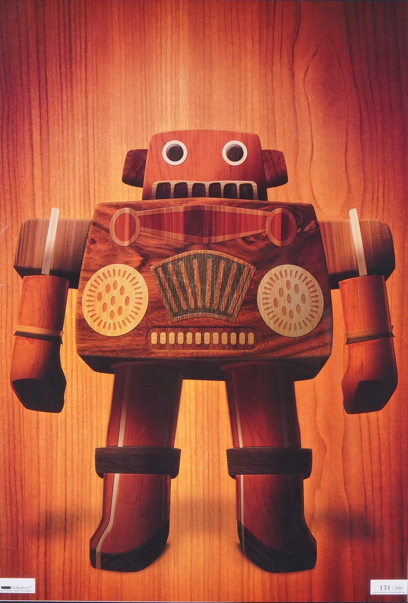 Nacho Blanco, Robot, Digital Giclée Print, Edition 131/200: This digital giclée print by Nacho Blanco depicts a stylized robot figure, modeled after a vintage walking robot pencil sharpener, rendered with intricate marquetry-style wood-grain textures and deco