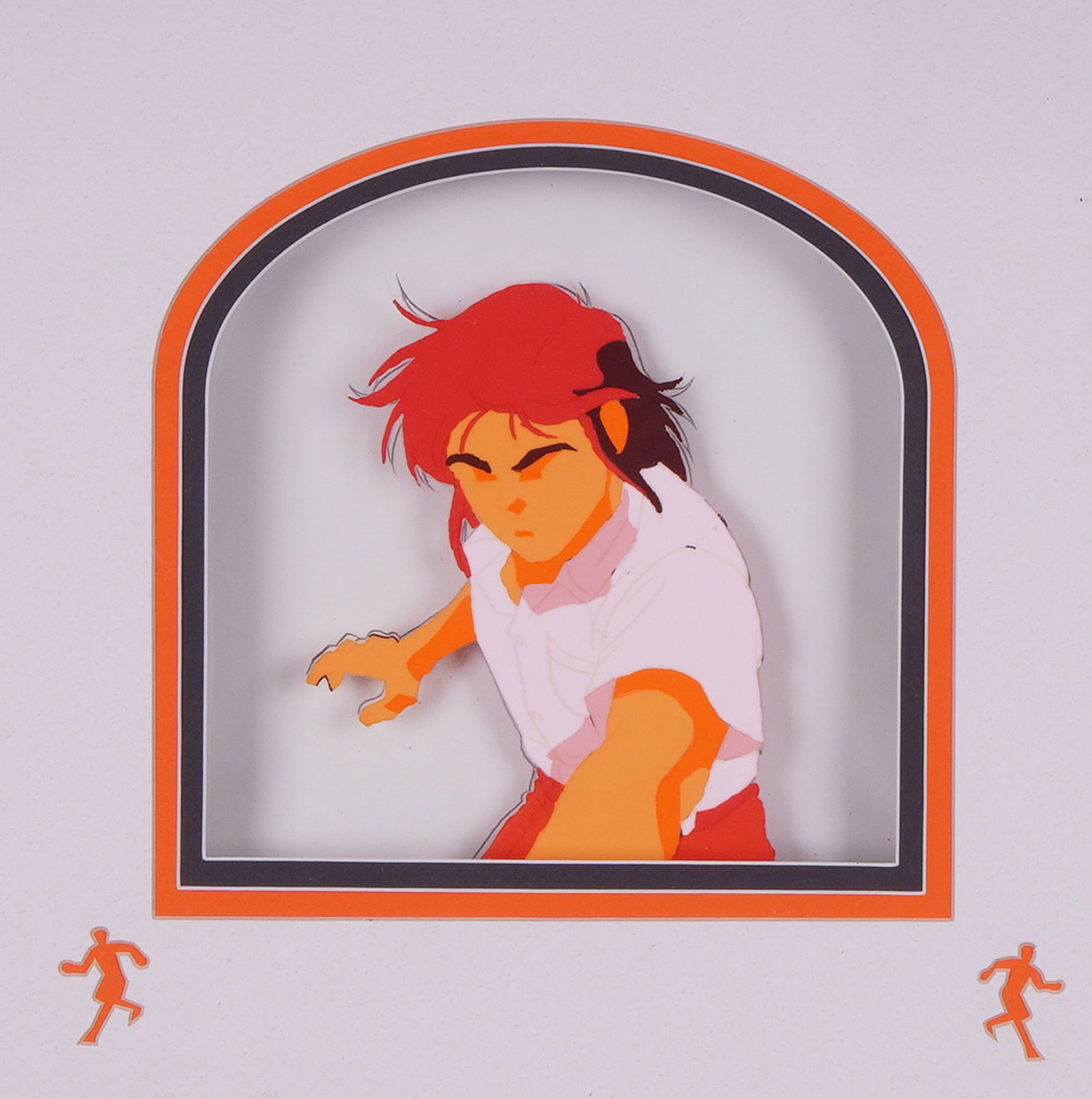 Artist Unknown Untitled Anime Character Layered Paper-Cut Shadowbox: This modern shadowbox construction features a stylized anime character with vibrant red hair, executed using a layered paper-cut technique that likely incorporates screenprinting or digital giclee on