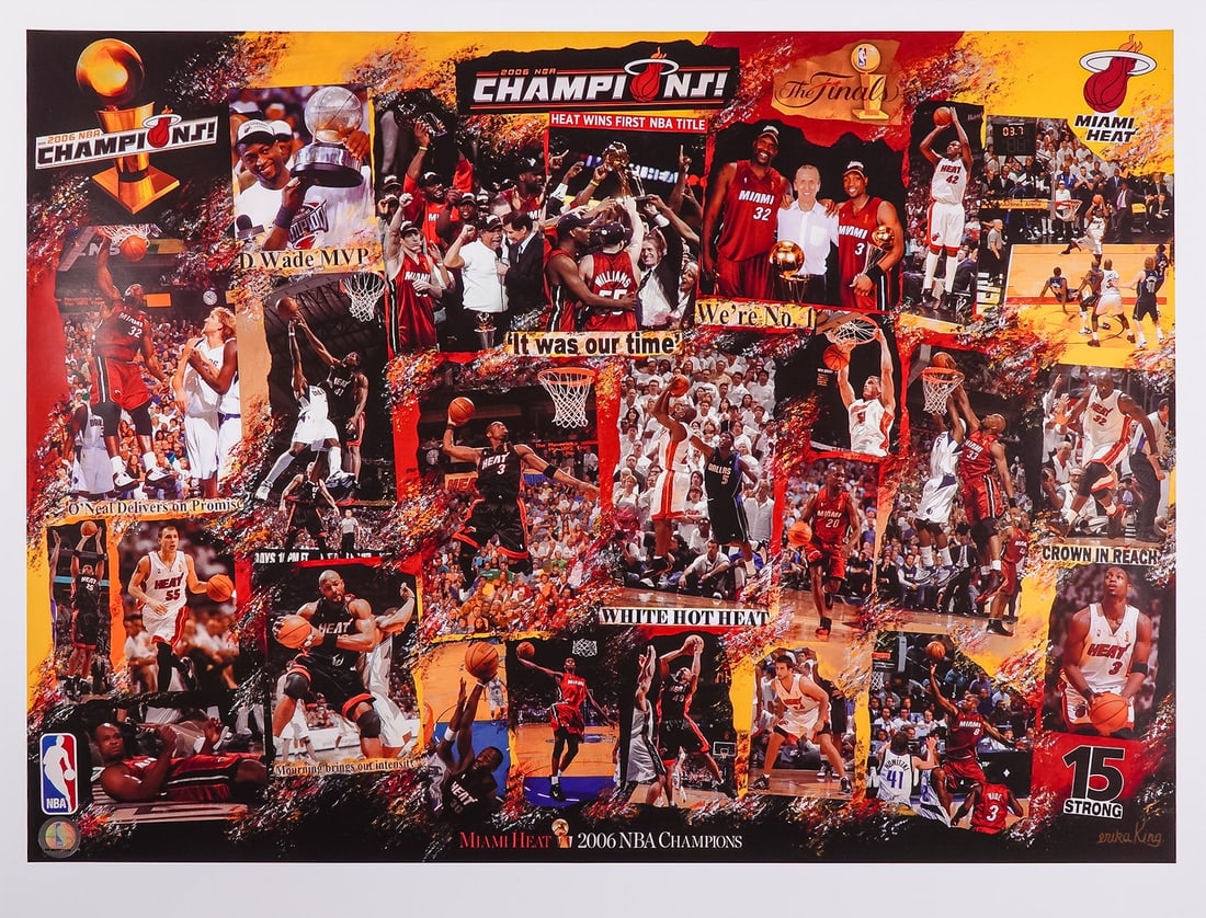 2006 Miami Heat NBA Champions Commemorative Poster: Celebrate the unforgettable moment when the Miami Heat clinched their first-ever NBA Championship in 2006 with this vibrant commemorative poster. Bursting with energy, this collage captures the key hi