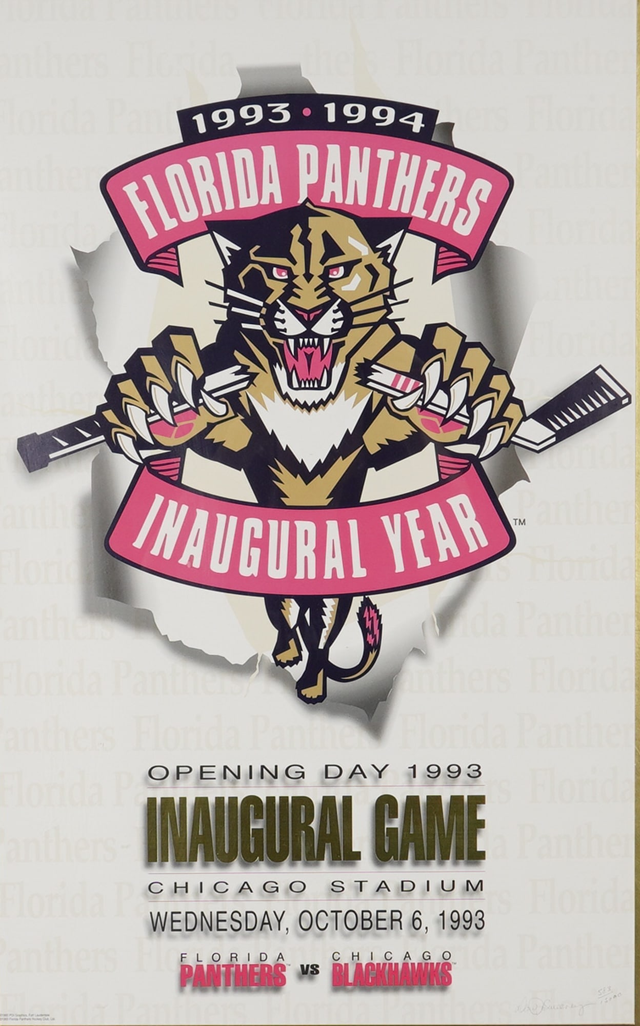 Florida Panthers 1993-94 Inaugural Game Lithograph Signed Sweeney 583/15000: This limited edition lithograph commemorates the historic inaugural game of the Florida Panthers franchise, held at Chicago Stadium on Wednesday, October 6, 1993, against the Chicago Blackhawks. Produ