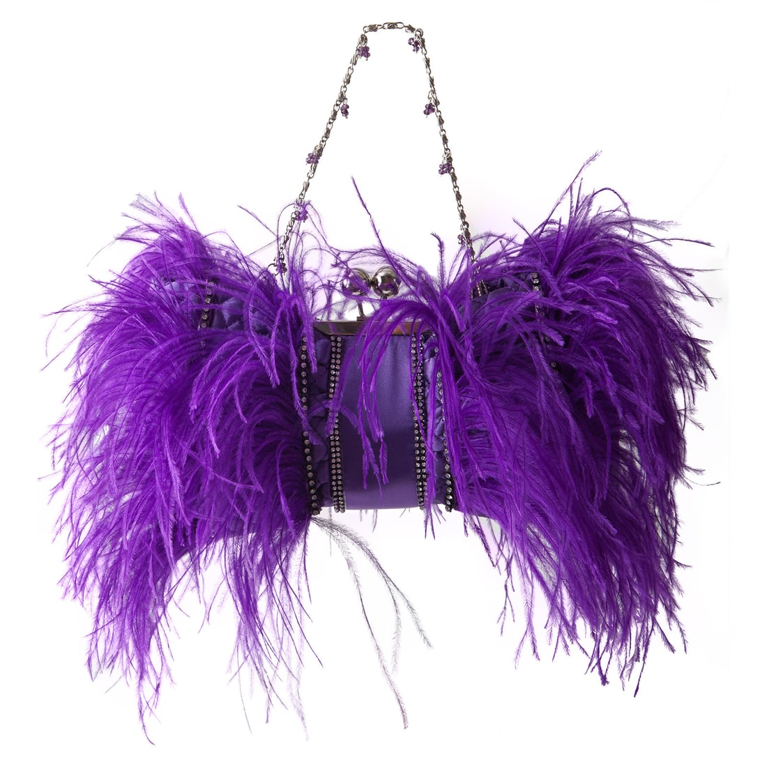 Irene Marie Angel Bag, Jenn Precious Petite Evening Bag: One-of-a-kind, unique creation, a couture purple satin precious evening bag with purple Ostrich feathers. Lined in black satin rayon with a silver-tone metal shoulder chain link with brown tear-drop c