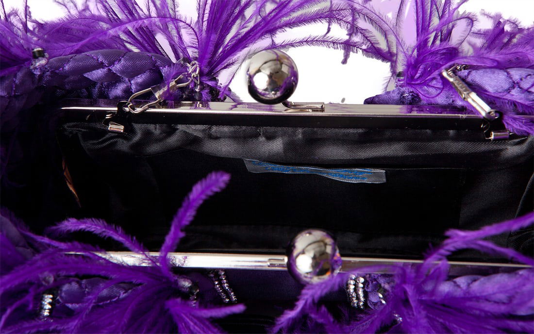 Irene Marie Angel Bag, Jenn Precious Petite Evening Bag: One-of-a-kind, unique creation, a couture purple satin precious evening bag with purple Ostrich feathers. Lined in black satin rayon with a silver-tone metal shoulder chain link with brown tear-drop c