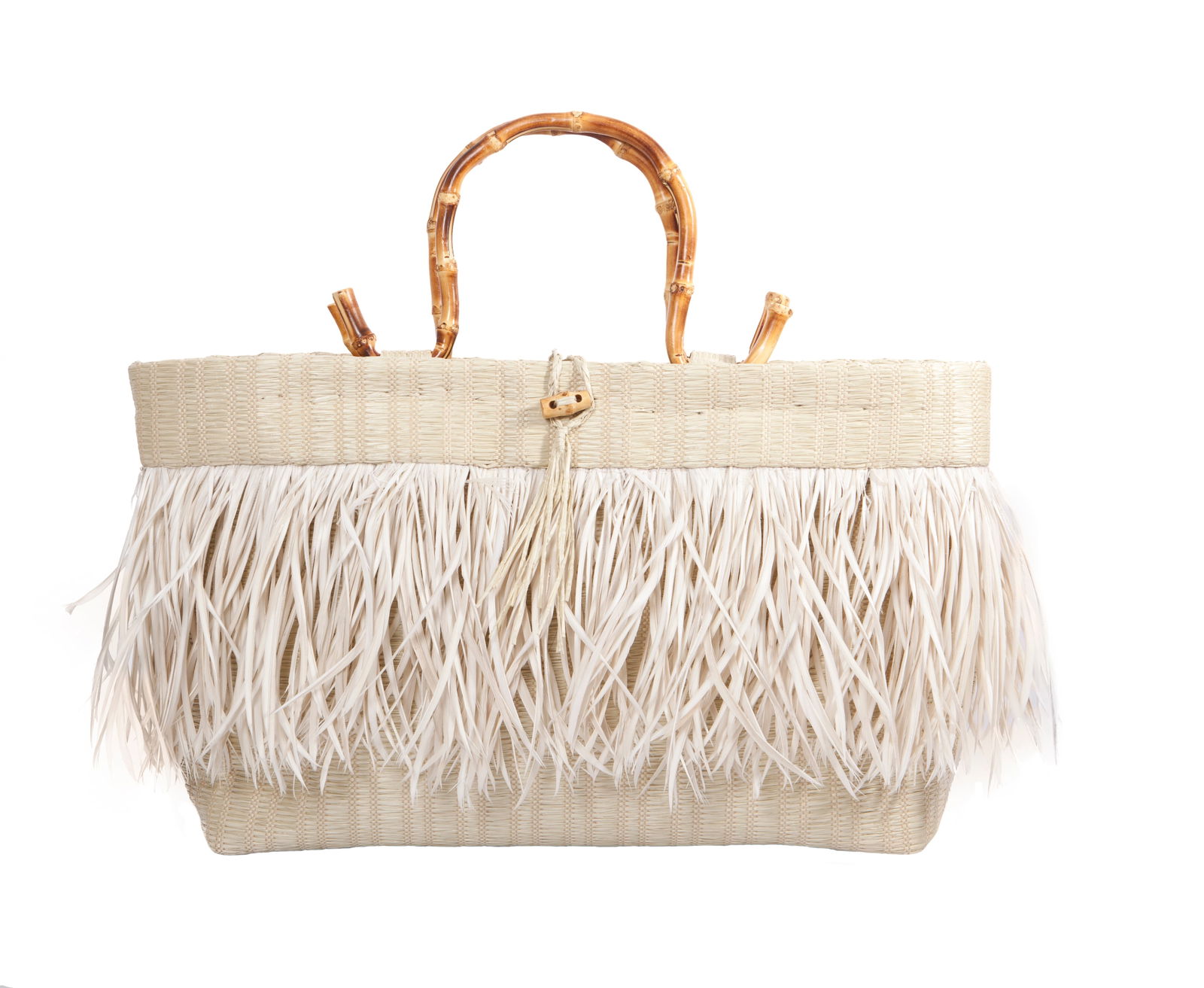 Irene Marie Angel Bag, Mary Medio Retro: One-of-a-kind, unique creation, rattan horse shape handles, bleached stiff goose biot feathers, natural raffia outer, animal print rayon lining, gold tone hardware. As you carry my beautiful WHITE ANG
