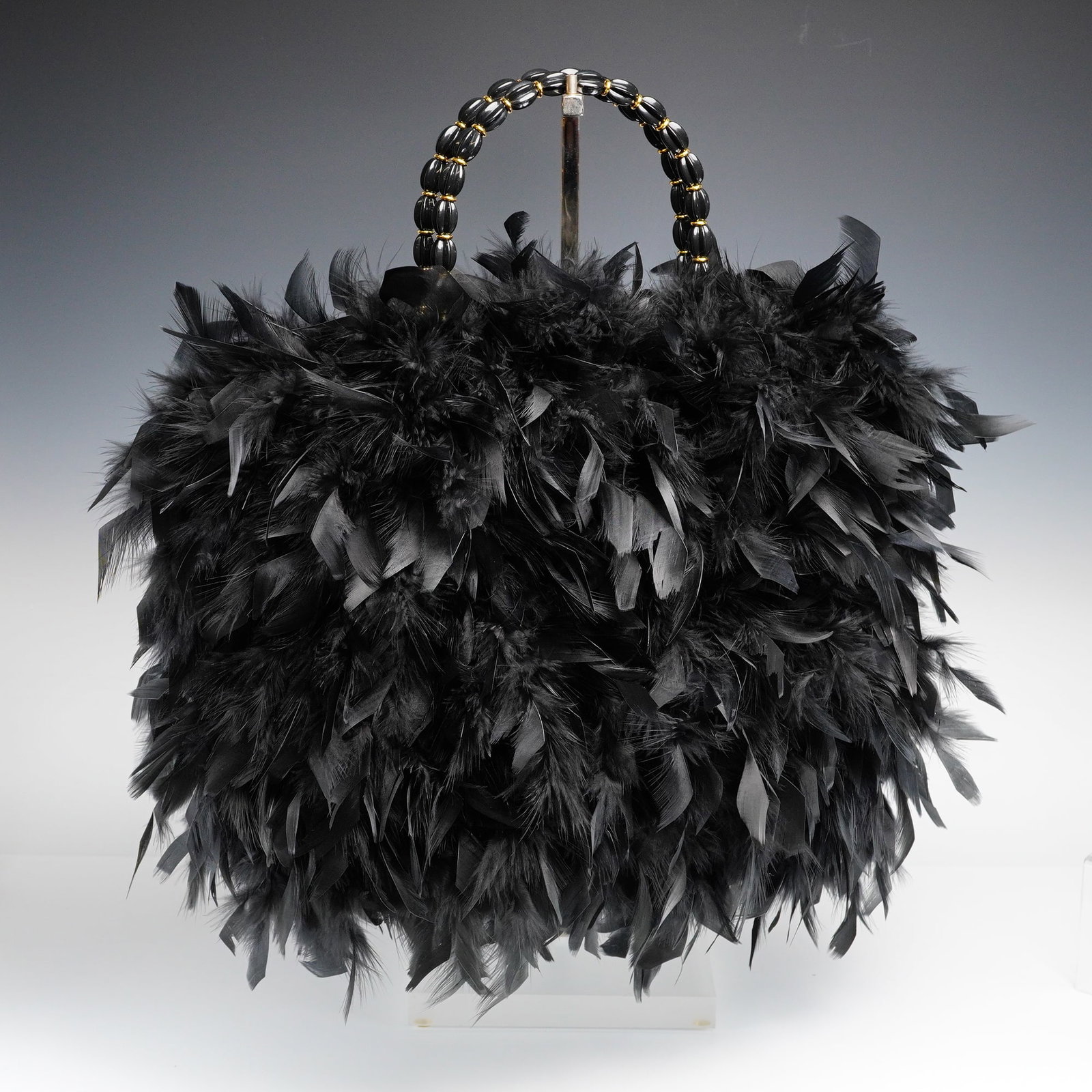 Irene Marie Angel Bag, Mary Retro Grande: One-of-a-kind, unique creation, couture black retro handbag with black chandelle feathers and a black acrylic handle. Lining Turquoise satin rayon. Handle Black acrylic seed bead with gold tone hardwa