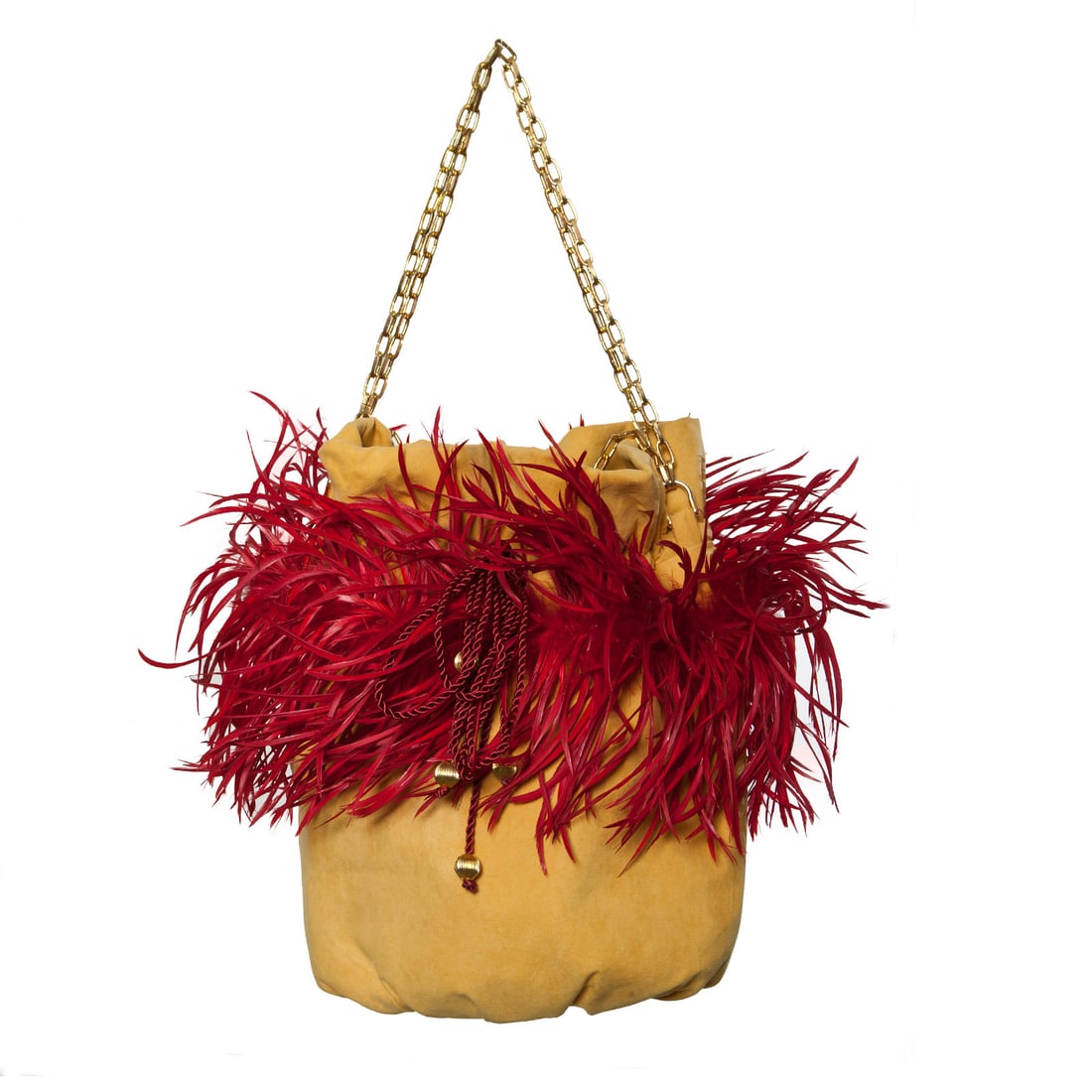 Irene Marie Angel Bag, Stephi Fashion Grande: One-of-a-kind, unique creation, couture yellow suede fabric draw string fashion bag with red biot goose feathers and a red silk cord closure. Lining Purple silk rayon. Handle Oval link heavy gold tone