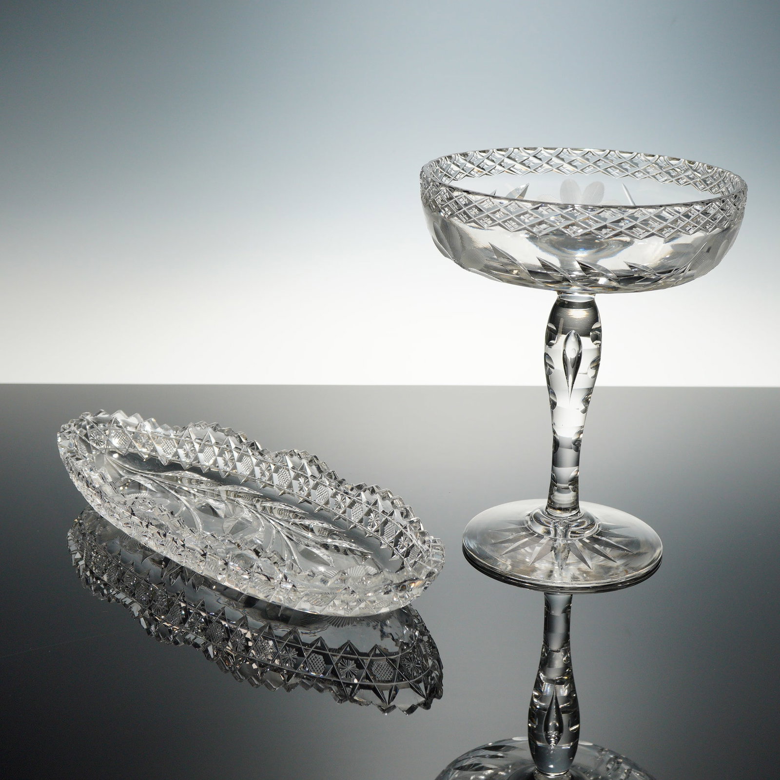 American Brilliant Period Style Cut and Engraved Crystal Compote and Serving Tray: This two-piece lot features fine lead crystal from the late 19th to early 20th century, showcasing the intricate craftsmanship of the American Brilliant Period. The first item is a footed compote or t