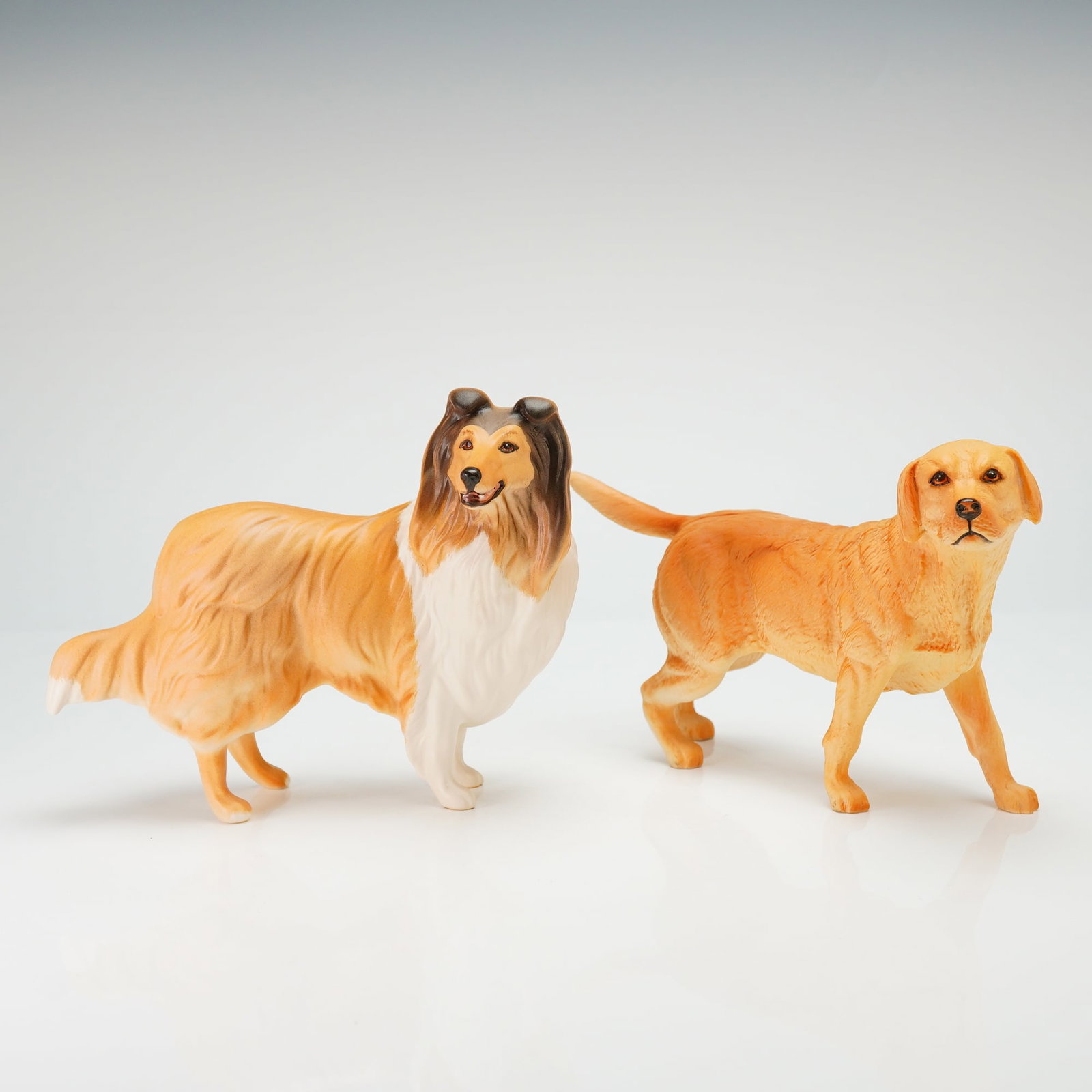 Two Royal Doulton Porcelain Dog Figurines, Rough Collie & Retriever: Two Royal Doulton porcelain dog figurines in a matte finish. The figures are naturalistically modeled and hand-painted with multi-toned coats in shades of tan, brown, and white. The Rough Collie figur