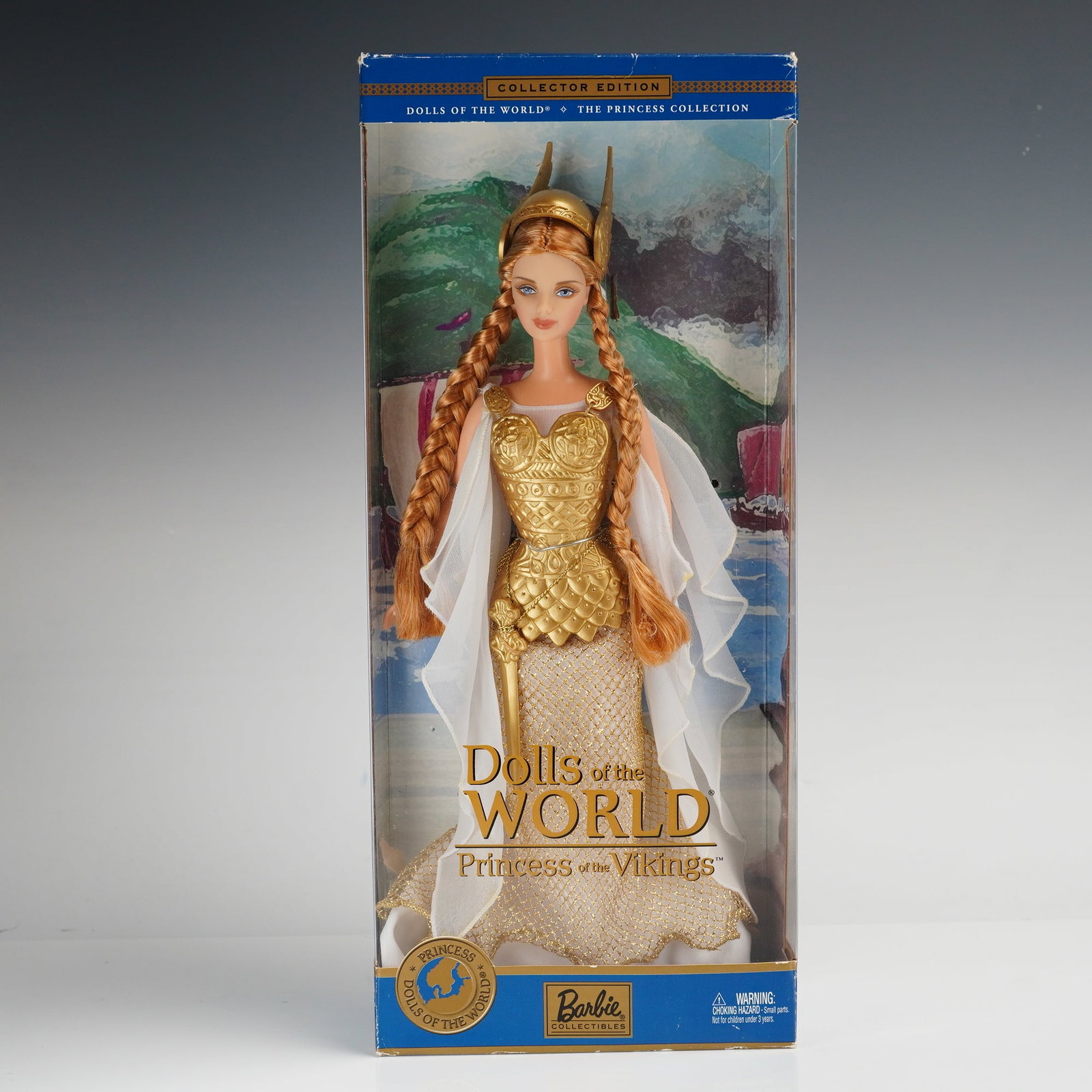 Mattel Barbie Princess of the Vikings Dolls of the World Collector Edition, 11.5 Inches: Produced by Mattel as part of the "Dolls of the World: The Princess Collection," this 2003 Collector Edition vinyl doll is identified as Product Number B6361. The doll features a rooted strawberry-blo