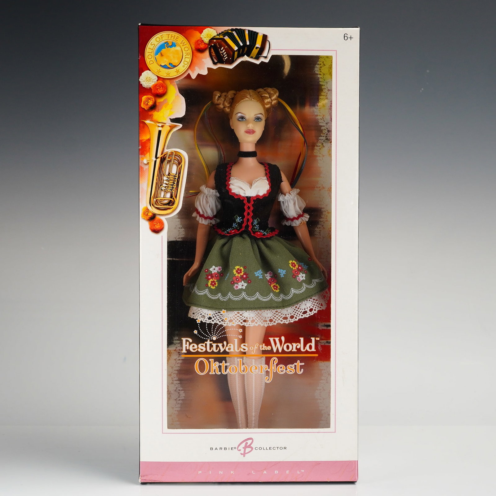 Mattel Festivals of the World Oktoberfest Barbie Doll, 12-inch: Mattel, Inc. vinyl fashion doll from the Barbie Collector Pink Label series, model J0929. This 2006 edition was designed by Katiana Jimenez as part of the Festivals of the World collection. The doll f