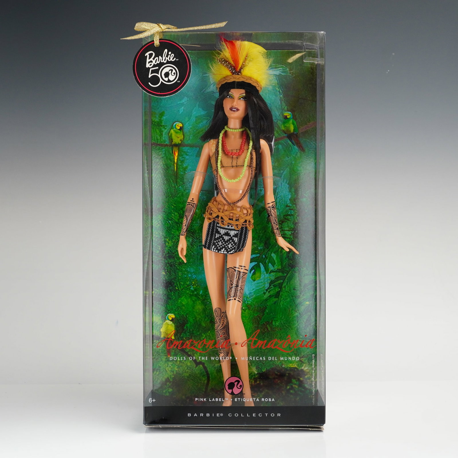 Mattel, Amazonia Barbie Dolls of the World, 11.5 inches: Mattel, Inc. vinyl collector doll from the Dolls of the World collection, released under the Pink Label for the Barbie 50th anniversary. Marked © 2008 Mattel, Inc., Model P4754. The doll features roo