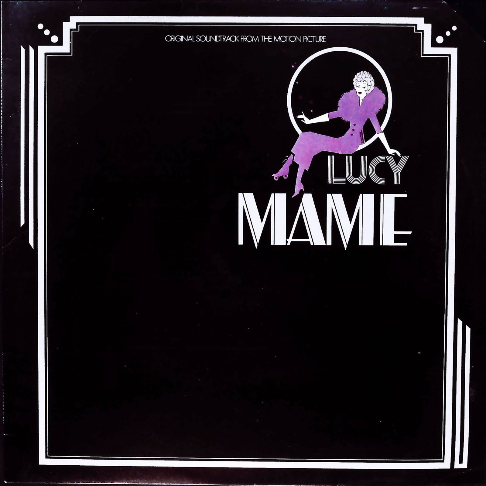Mame - Motion Picture Soundtrack LP, Jerry Herman, Lucille Ball (1974): Soundtrack LP 'Mame,' featuring Lucille Ball, with music by Jerry Herman. The front cover presents an Art Deco-inspired graphic design depicting a stylized female figure in purple period attire within
